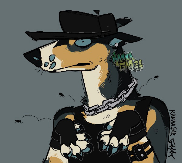 A drawing of my marlin fursona if they were a dog. Sorta resembling a tricolor short haired sight hound, wearing fingerless gloves, a black hat, chain necklace, and has fleas jumping off of them. They have a sort of uncomfortable expression. 