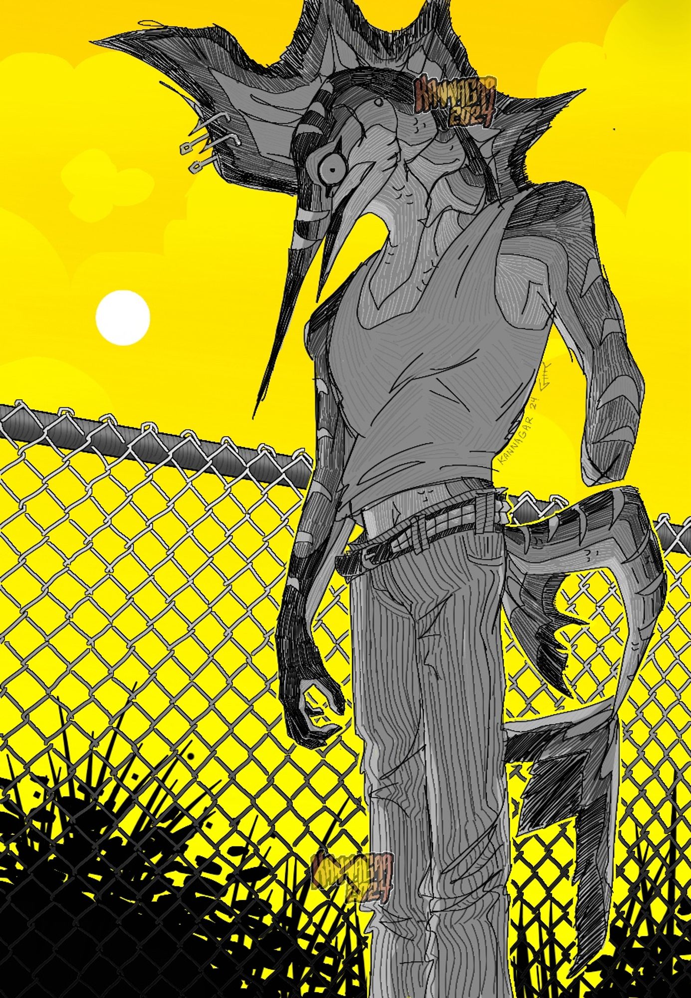 Anthropomorphic Blue Marlin oc standing in front of a chain link fence in greyscale and small hatching details. The background is a bright yellow with subtle clouds and a small sun. The character only has one arm.