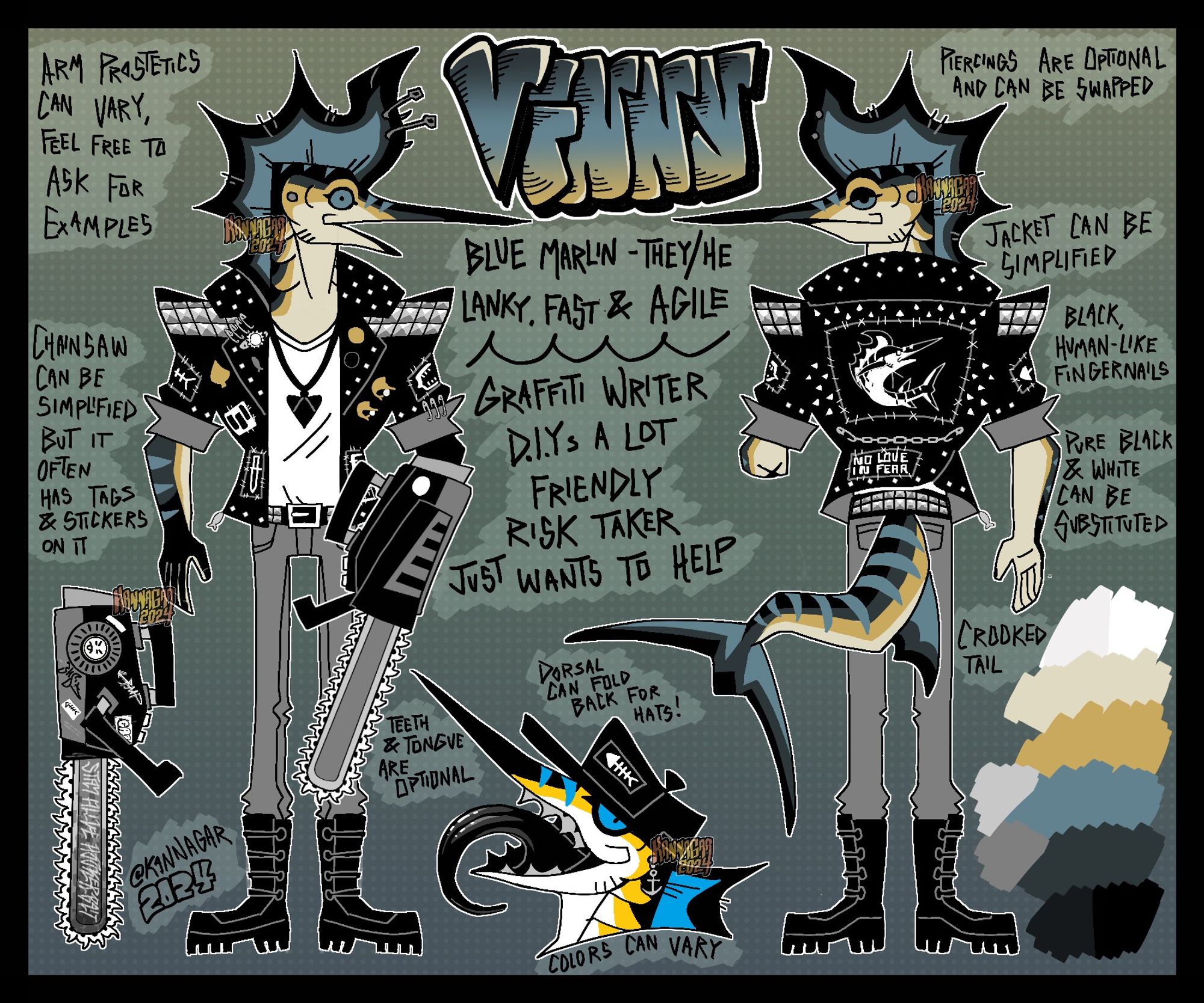 Reference sheet of my fursona, an anthro blue marlin with a missing left arm.