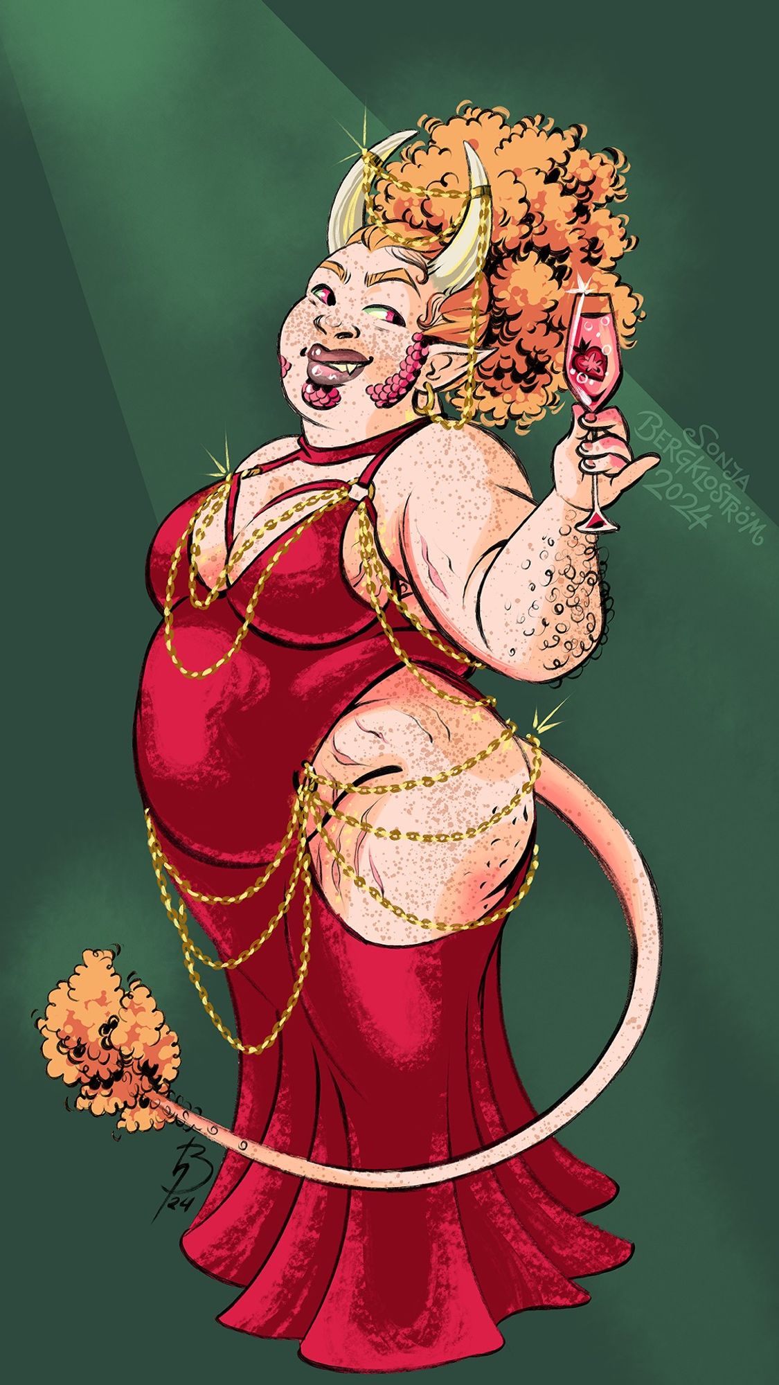 A full-body drawing of Griseldir from webcomic Dragon Tamed, wearing the memetic skimpy red dress with hip cutouts + rows of thin gold chains draped over her large breasts, belly and hips. She smirks at the viewer, raises a strawberry champagne flute. She wears black lipliner and gloss. More chains connect her horns and pointy elf ear.  She has pale skin, freckles all over and strawberry blond afro hair tied back into a big puff. She is fat and curvy, with cow horns, a perky troll tail, fangs. Dark green background gives a feeling of an evening cocktail party.