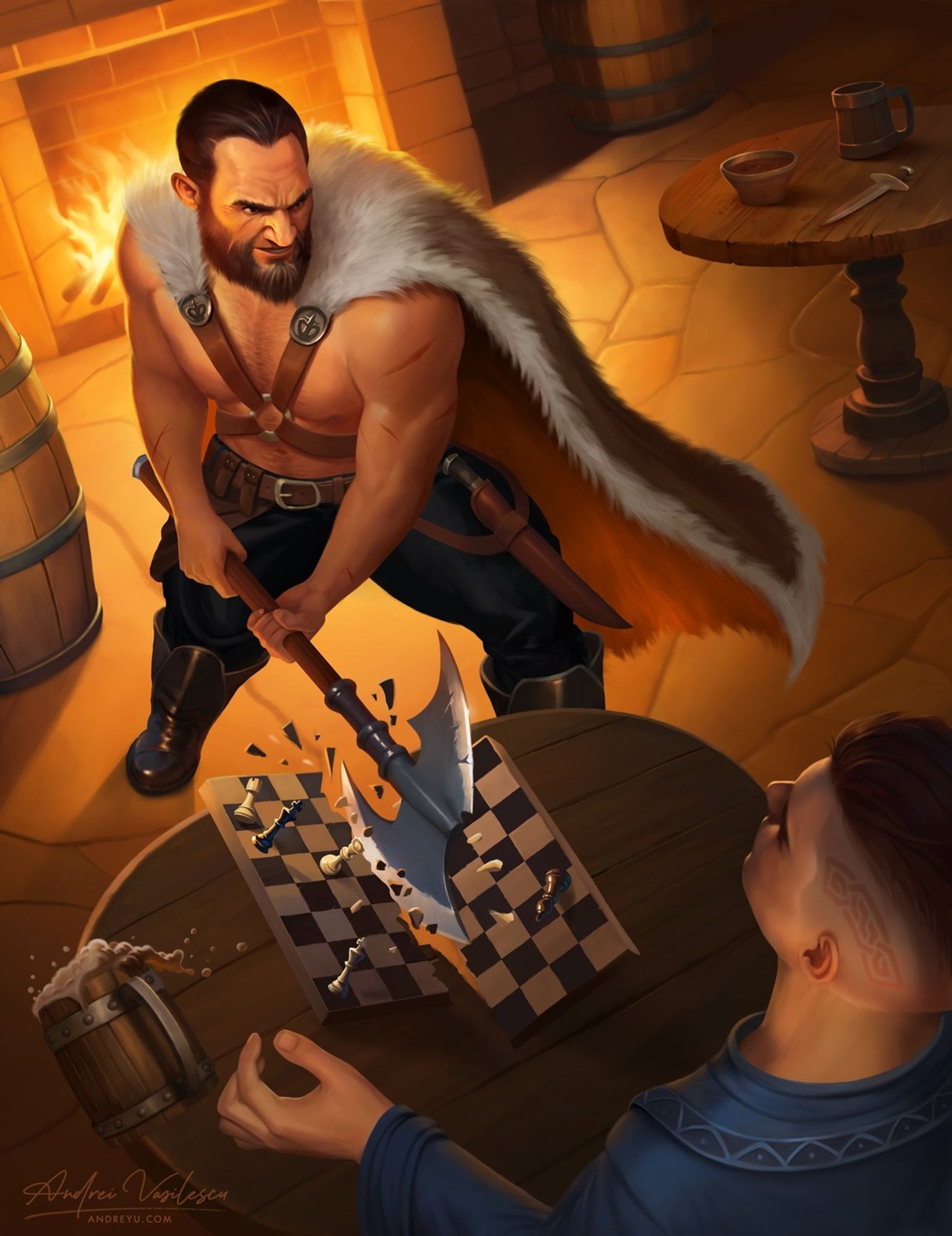 In a firelit inn, a barbarian man hits a chessboard with his axe, while his opponent watches in shock.