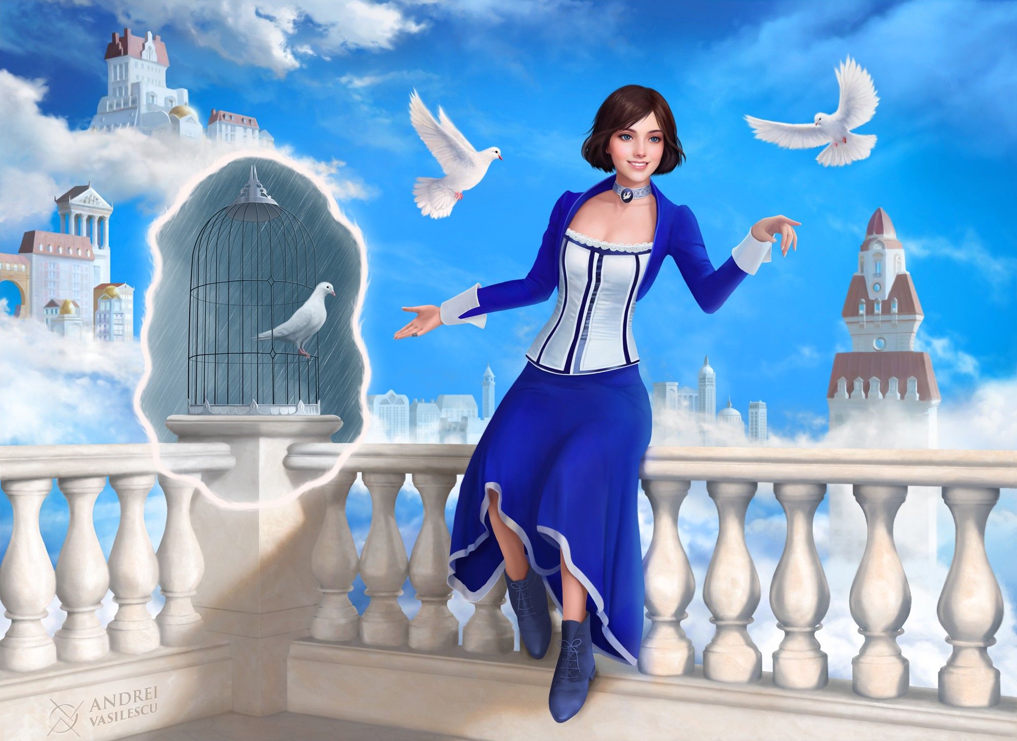 The character Elizabeth from the Bioshock infinite game. She is sitting on a balustrade and has opened a portal to another world. Out of the portal come 3 white doves.