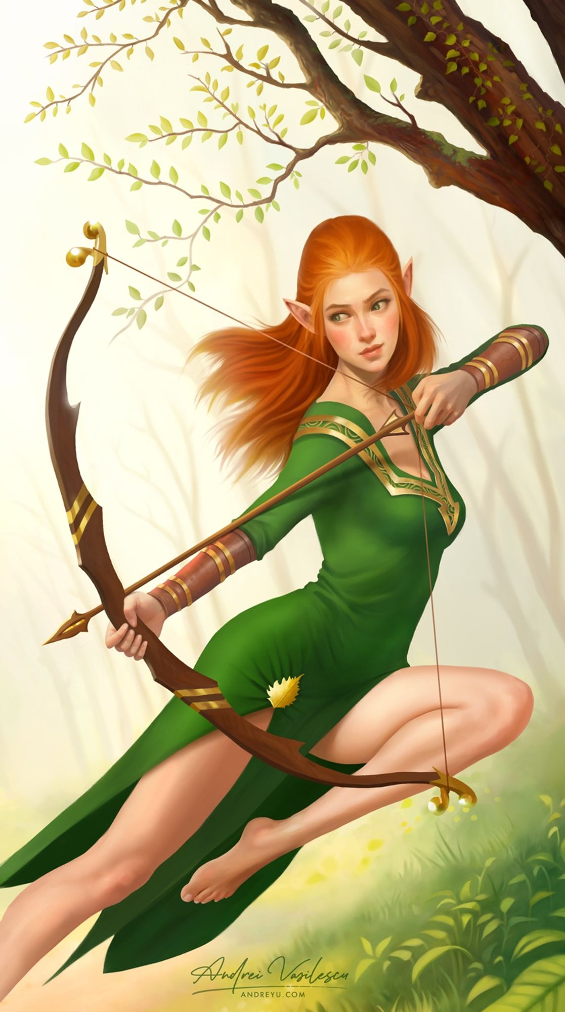 Elf archer woman shooting an arrow from her bow. In the background there is an autumnal forest.