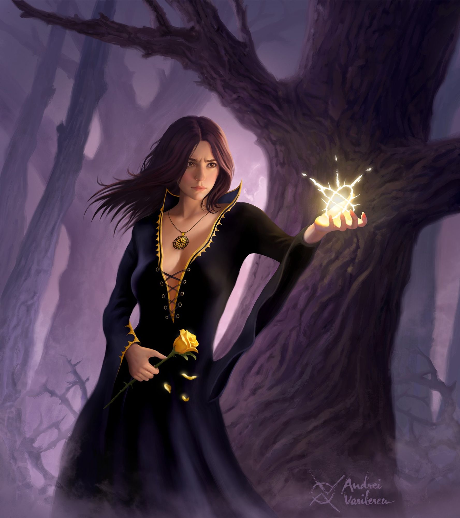 Brunette sorceress casting a spell while holding a yellow rose. Dark woods in the background.