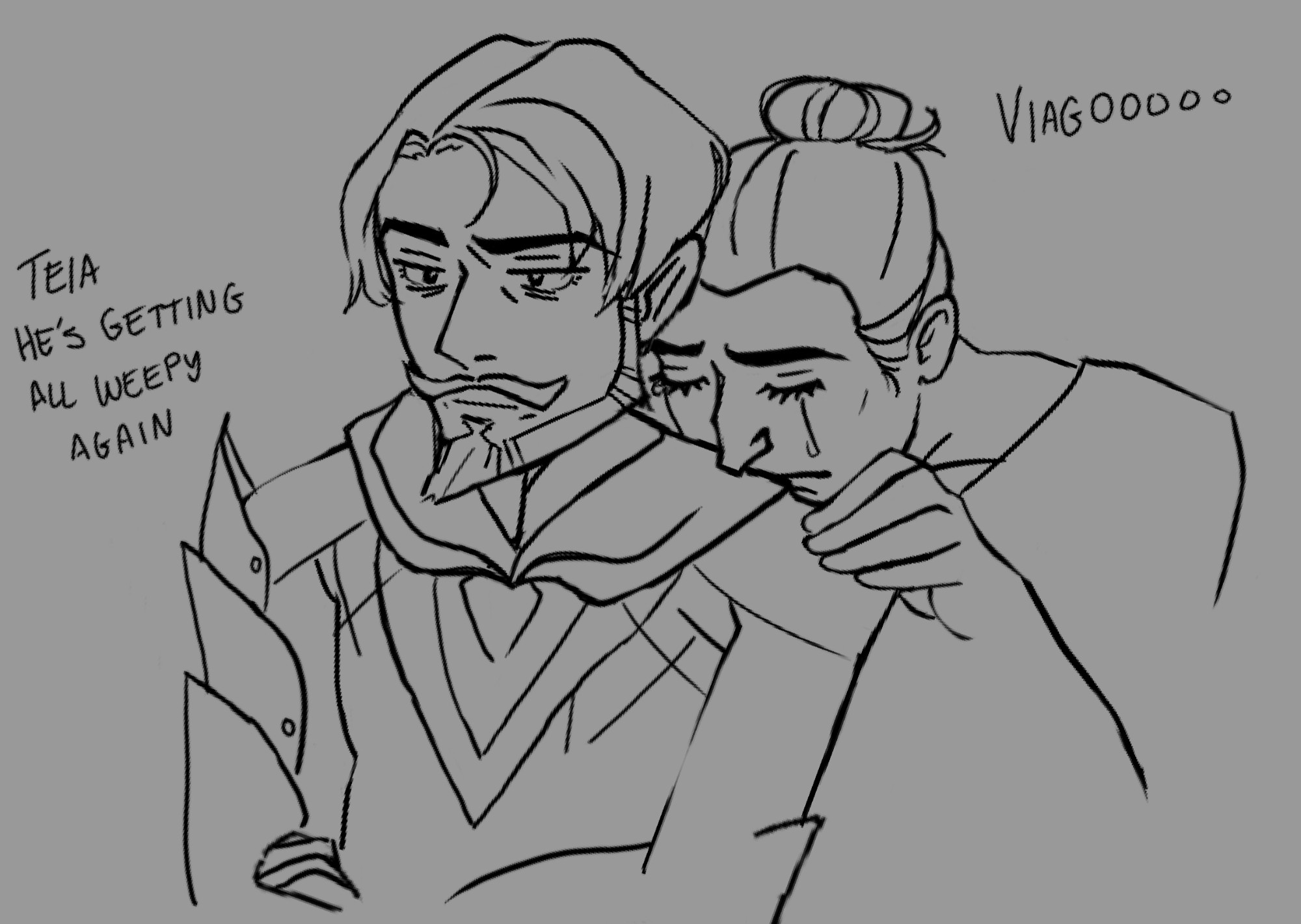 Visibly distressed Illario leaning against Viago's shoulder, who is saying "Teia he's getting all weepy again"