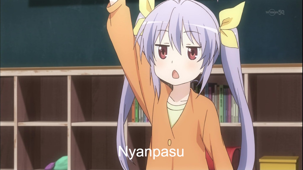 Renge from Non Non Biyori saying, "Nyanpasu" which would be the Japanese equivalent of saying, "Good Meowning". =^_^=