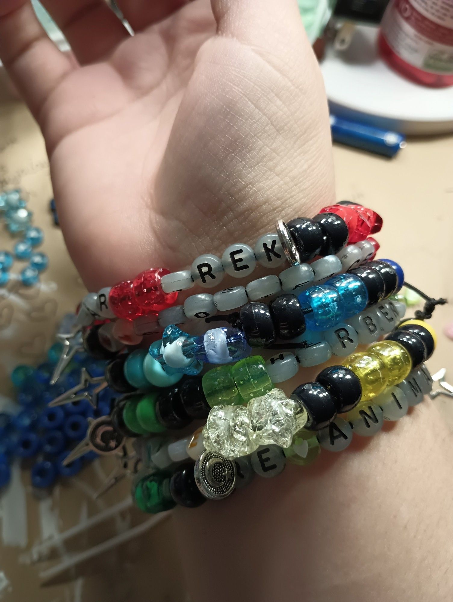 Just some Kandi bracelets I made. Had to re do them because I bought the wrong string that wasn't elastic lol