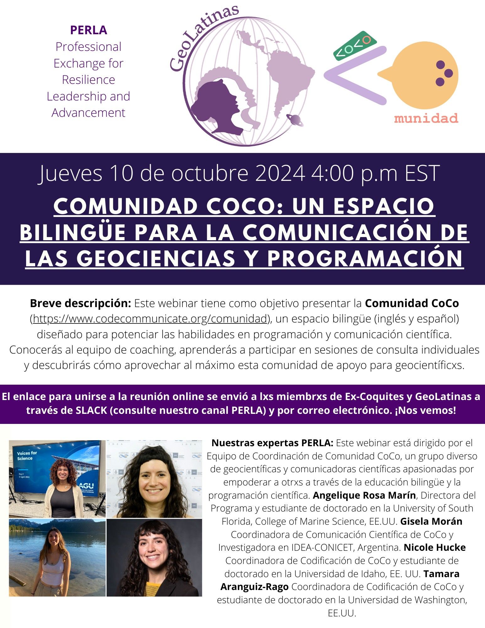 Quieres saber más de "CoCo: Un Espacio Bilingüe para la Comunicación de las Geociencias y Programación"? Entonces únete a esta presentación q' el equipo de PERLA de GeoLatinas se complace en facilitar. 

Comenzamos en 25 minutitos. El enlace está en el slack de GeoLatinas O mándame un mensaje x aquí