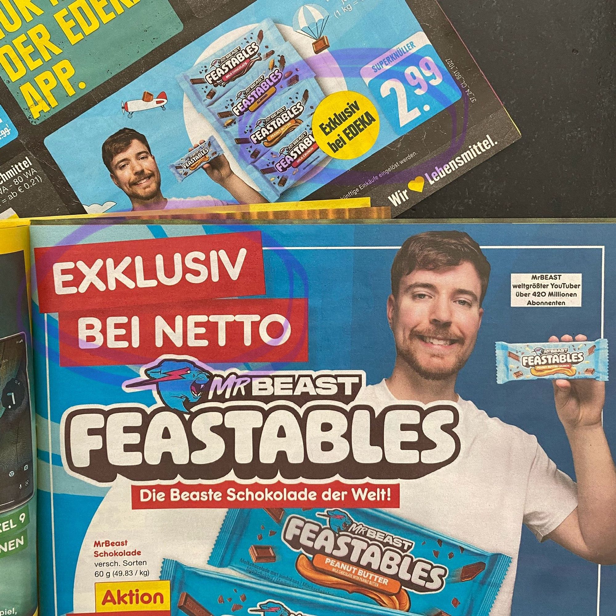 Mr. Beast Schokolade im Prospekt von Edeka und Netto. Markiert sind die Störer „Exklusiv bei Edeka“ und „Exklusiv bei Netto“.