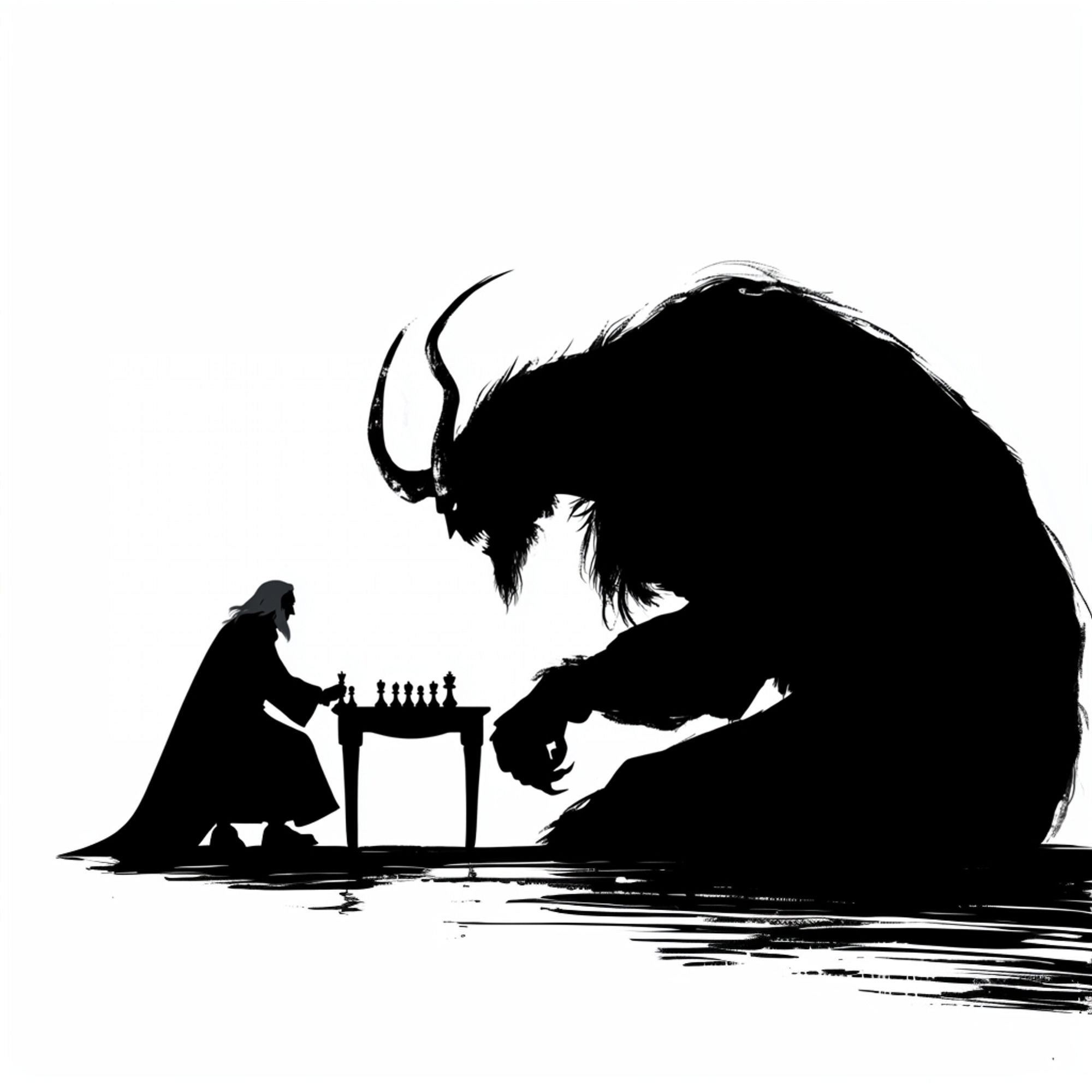 Midjourney Prompt: balrog by tolkien silhouette, huge balrog with large horns plays chess with gandalf the wizard at a small table, full-body, white background, simple design, clean lines, elegant pose --ar 1:1 --v 6.1