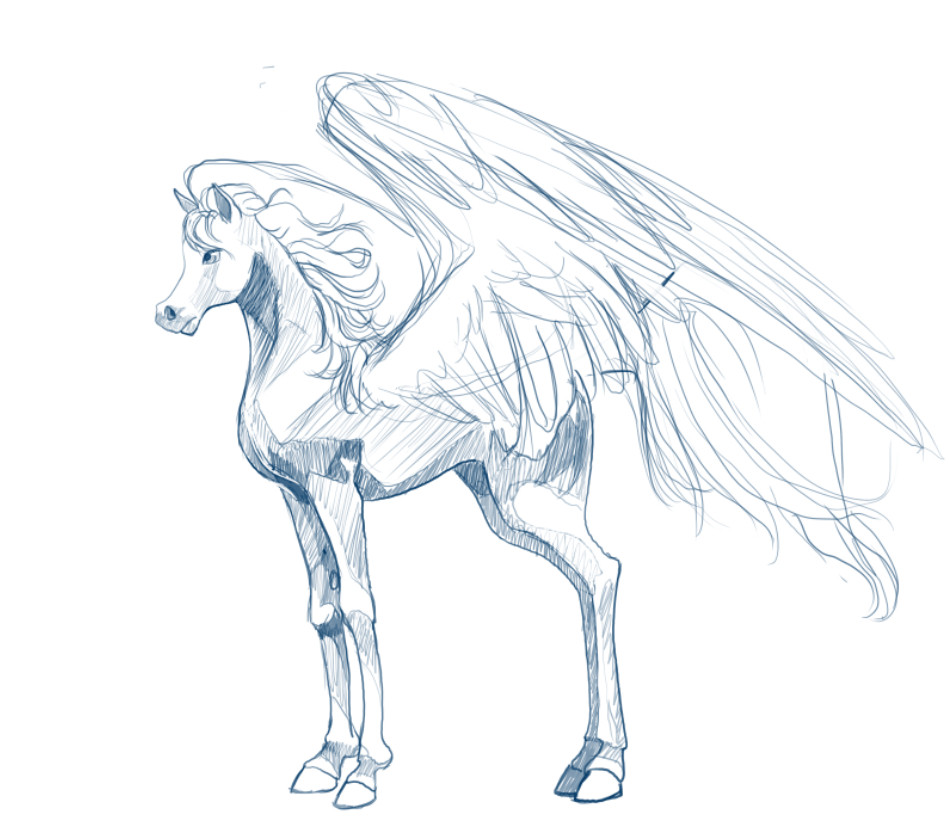 Digital sketch of a cartoon pegasus with an arabian build.