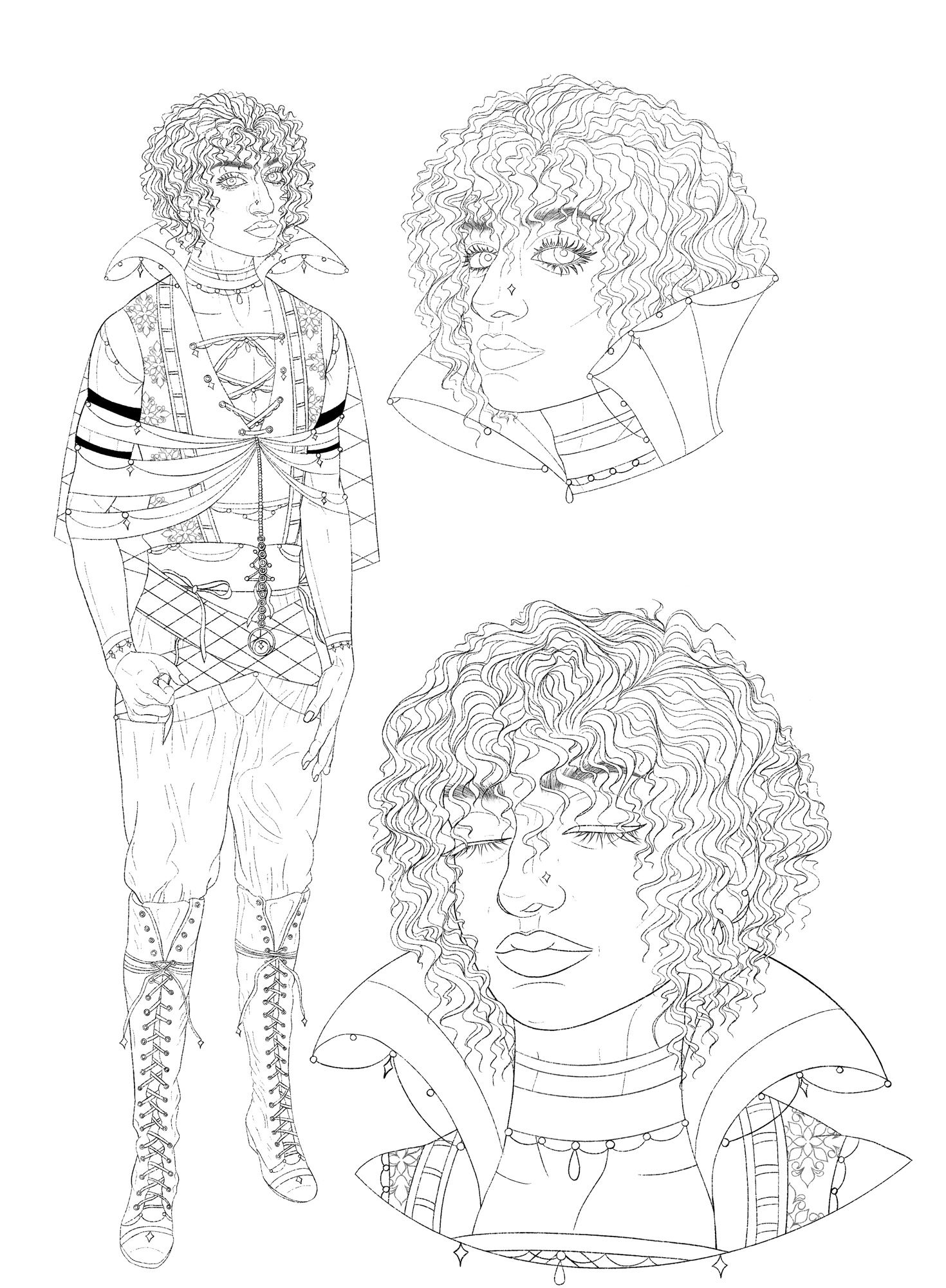 The lineart version of a DnD character reference sheet, depicting the drawn character from three different angles. 