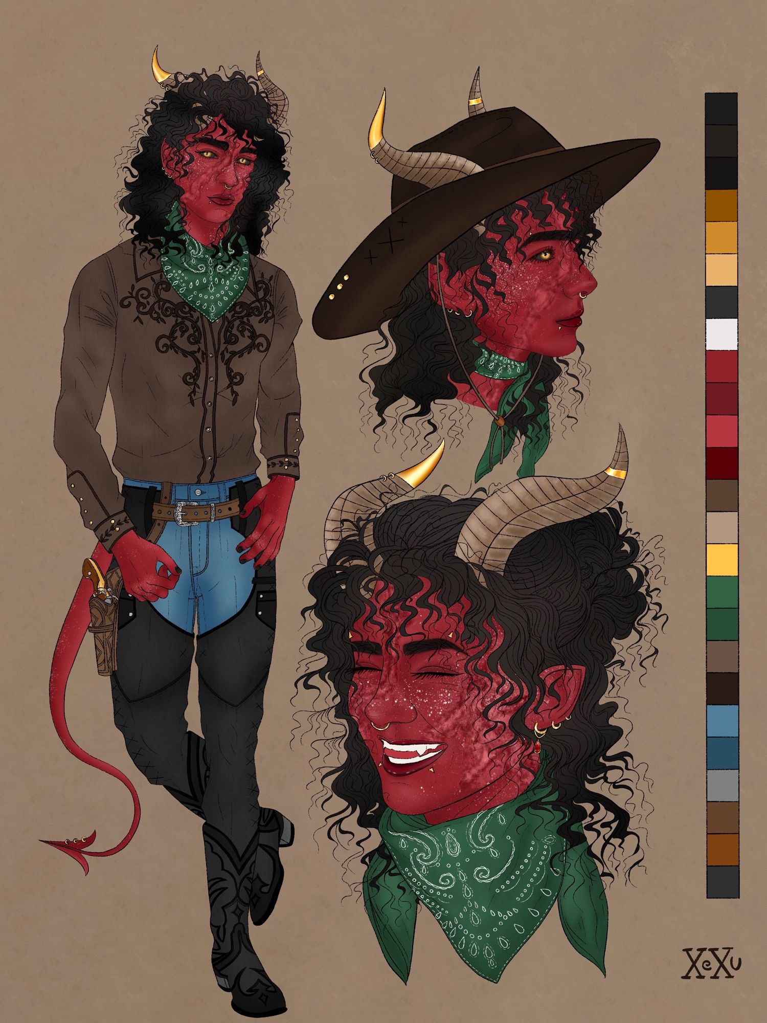 A colored and rendered drawn character sheet of a Dungeons and Dragons character who is a cowboy inspired red Tiefling and is depicted from three different angles. Next to the artworks is a color palette.