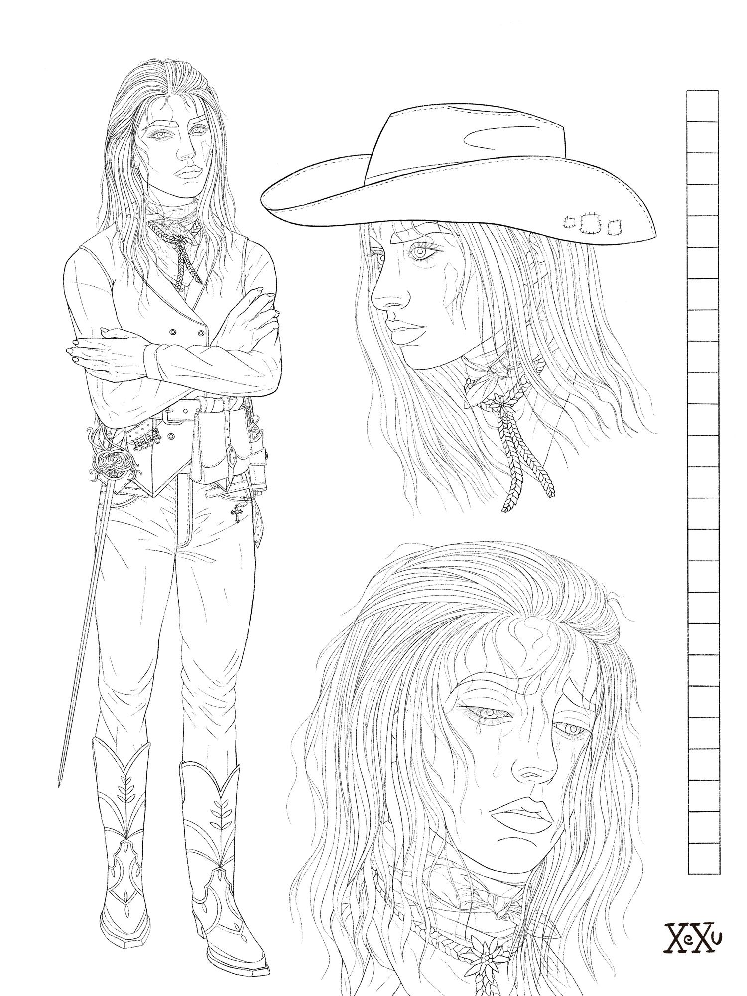 A DnD character reference sheet of a male human character showing three different depictions of the same character drawn in sketchy line art.