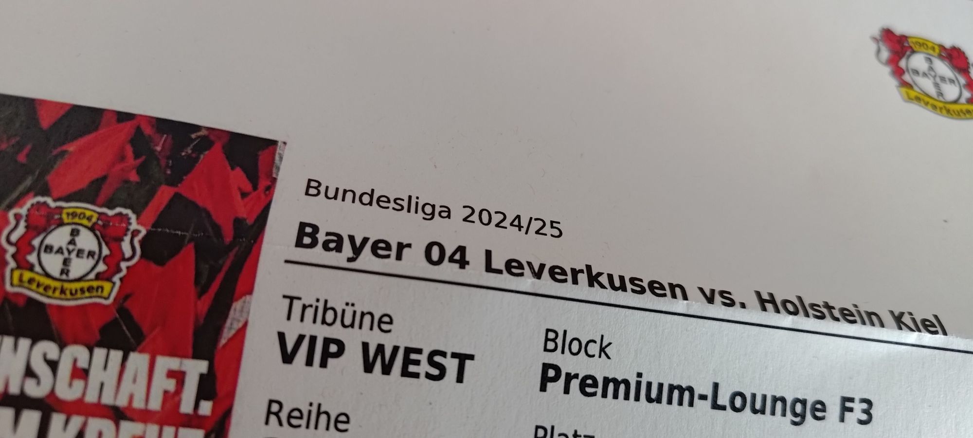 Eintrittskarte für ein Fußball Spiel, Leverkusen gegen Kiel, VIP Lounge