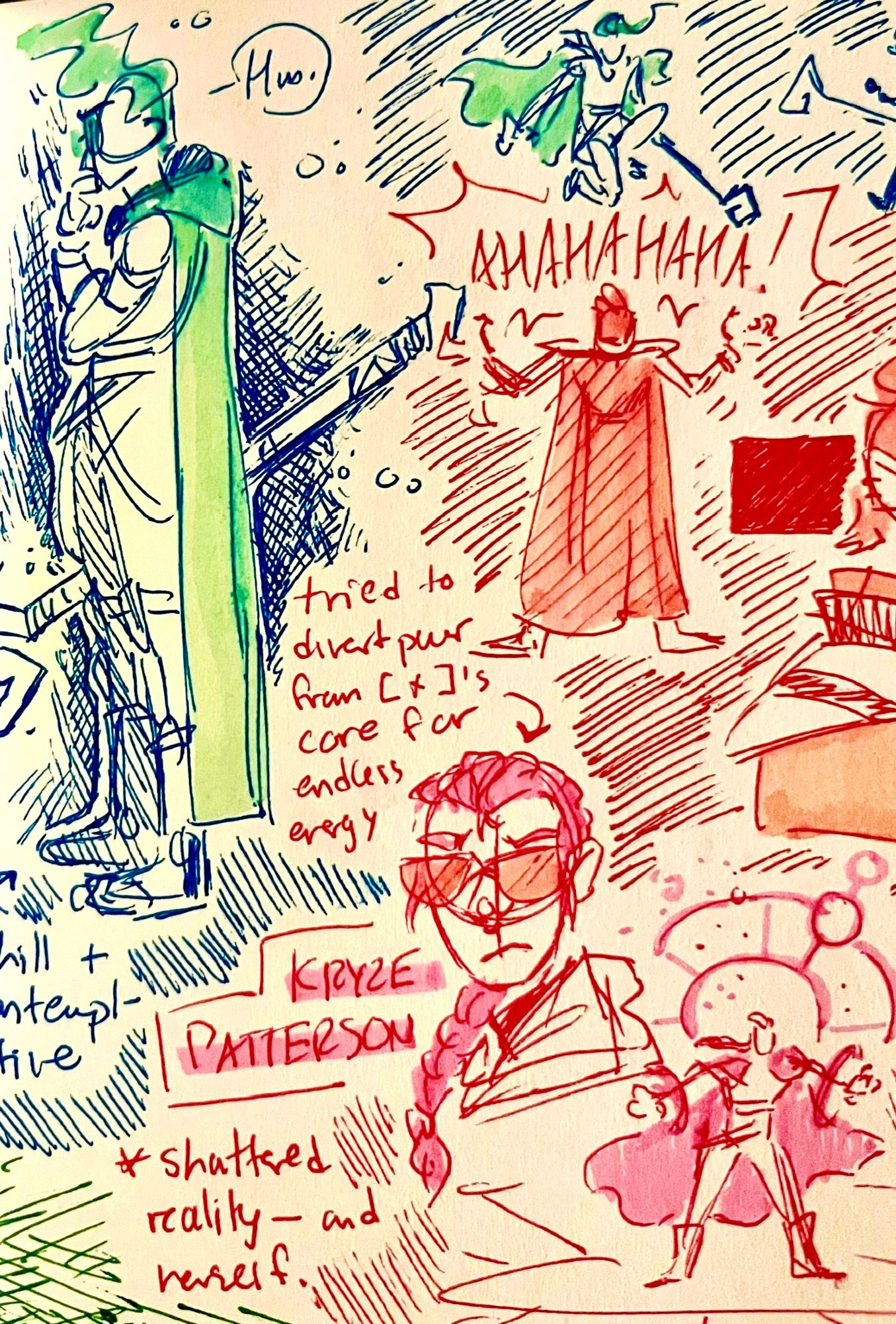 A very colorful pen and highlighter sketch page featuring three characters: the Wayfinder, Treachery, and Kryze Patterson (the template for the other two).

Wayfinder is in blue and green wearing a cape, a crook-like staff floating beside them.

Kryze appears most prominently as a bust, her hair braided over one shoulder. She is depicted in red and pink. A small sketch showers her using high-power magic circles, her cape billowing out behind her.

Treachery only appears (on this page) as a maniacally laughing figure in a cape.