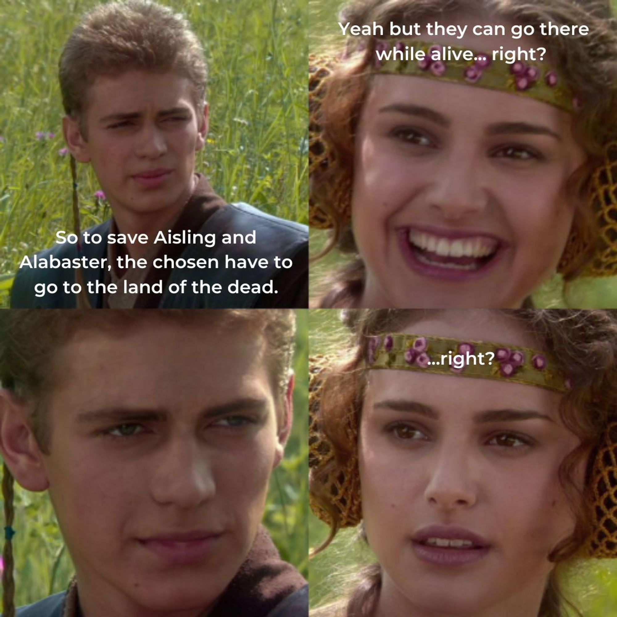 The meme from Star Wars episode 2 with Anakin Skywalker and Padme sitting in a field talking

Anakin says:
So to save Aisling and Alabaster, the chosen have to go to the land of the dead. 

Padme replies:
Yeah but they can go there while alive... right? 

Anakin says nothing with a slight smirk

Padme pleads:
...right?