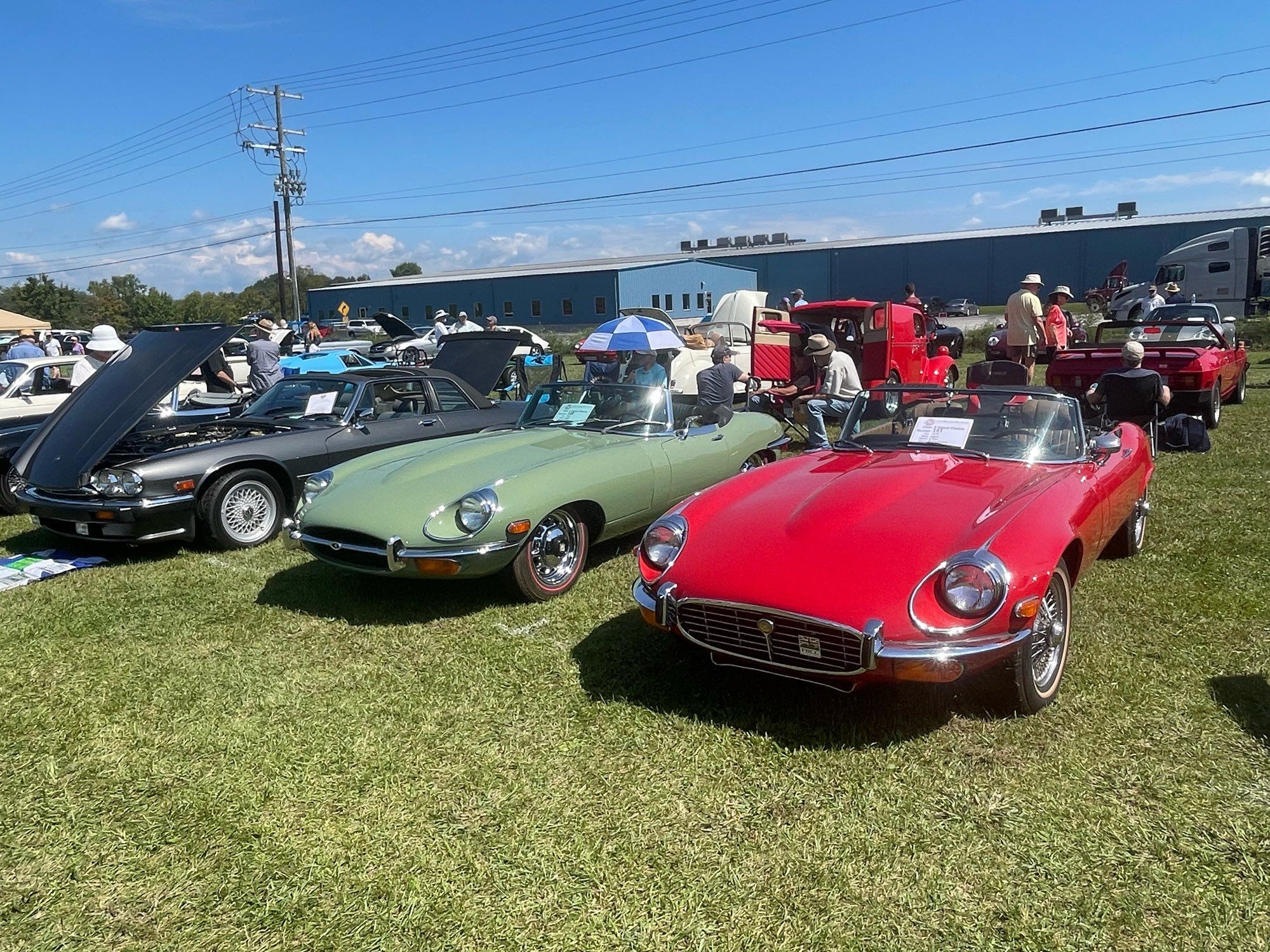 Three E-Type Jaguars — black, green and red — lined up at a car show.