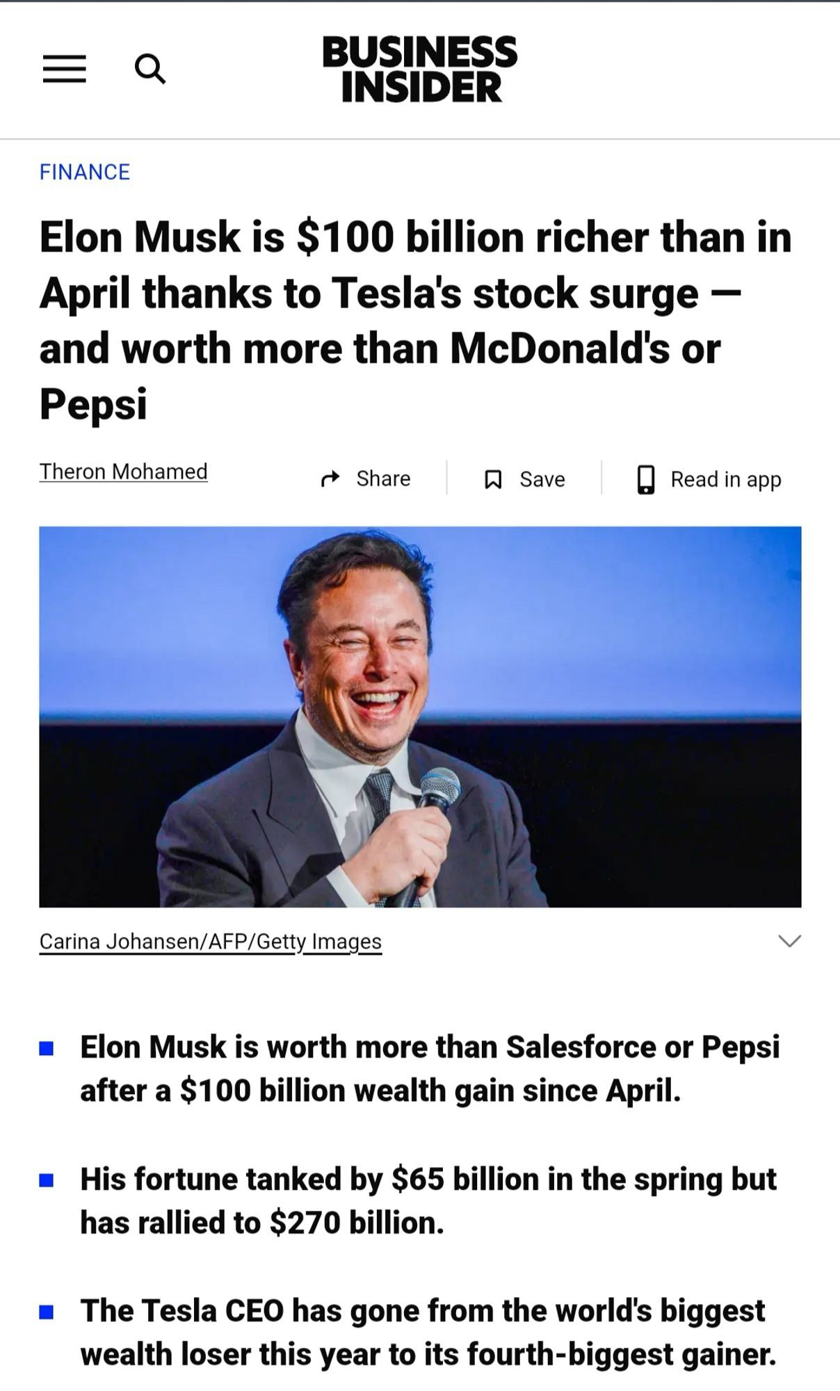 Business insider heading that says Elon Musk made $100 billion in April, even though everything he makes sucks