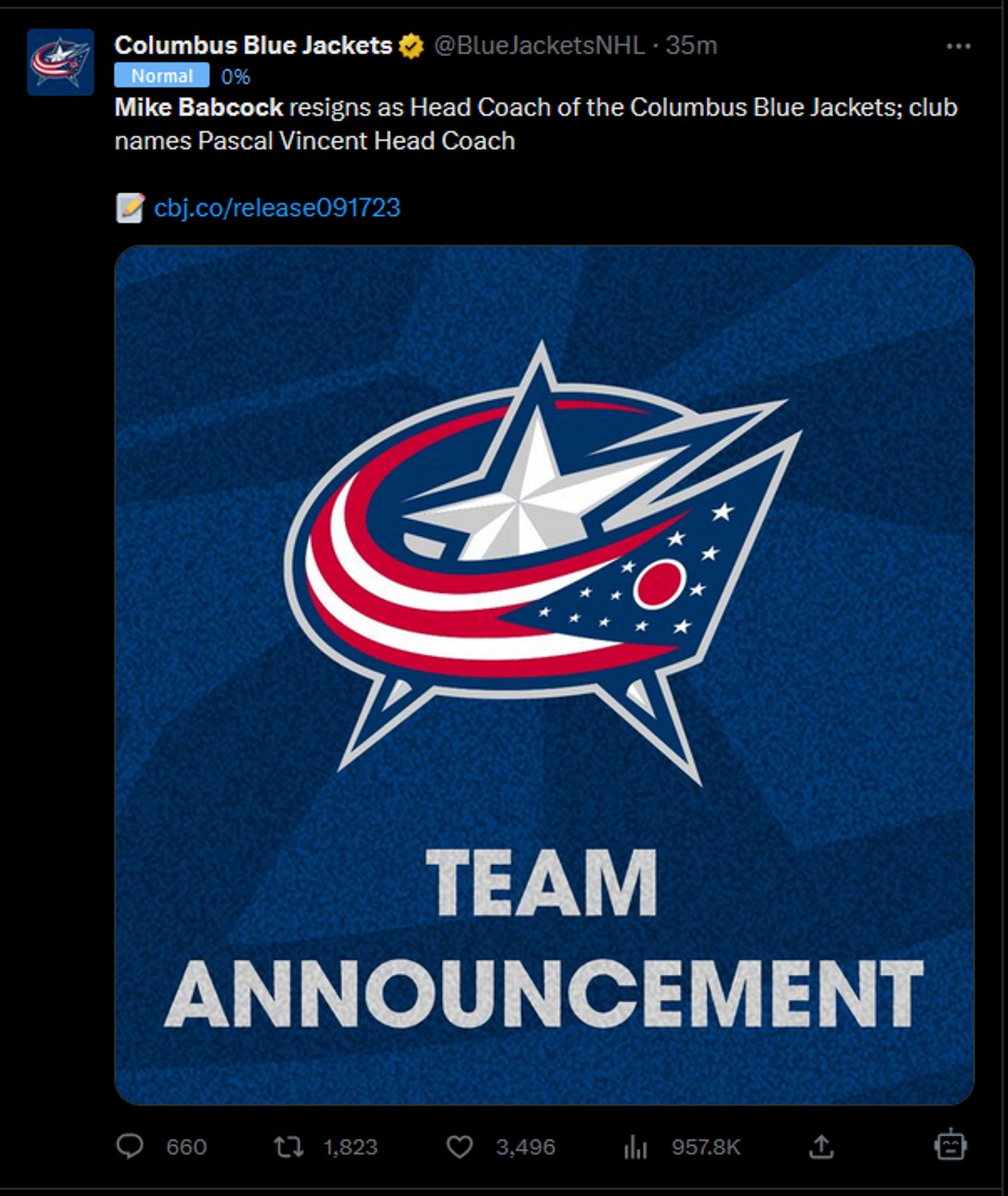 Columbus Blue Jackets post from Twitter detailing the resignation of Mike Babcock from the team's coaching staff.