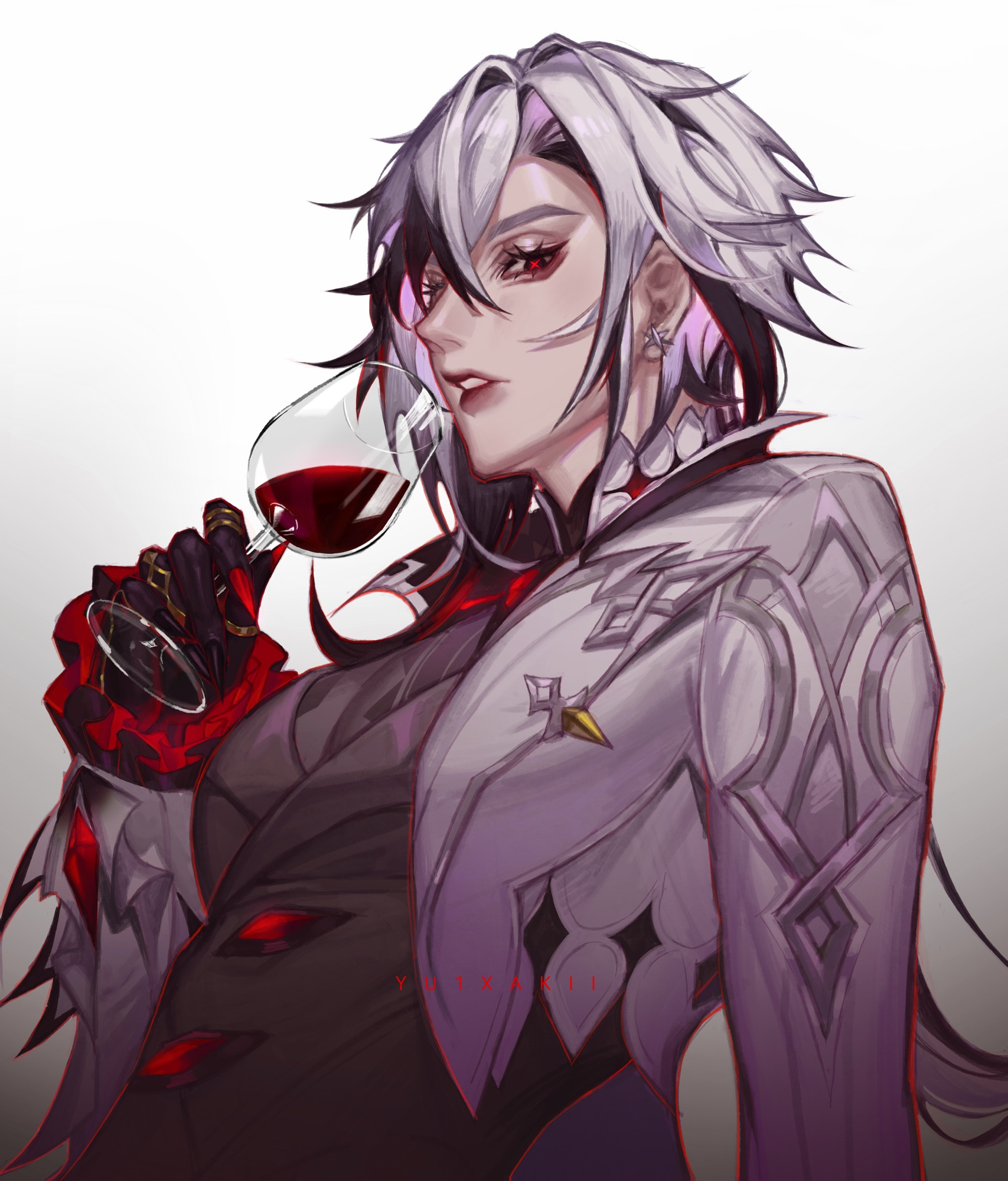 Character from Genshin Impact game, Arlecchino, holding a glass of wine to her lips.