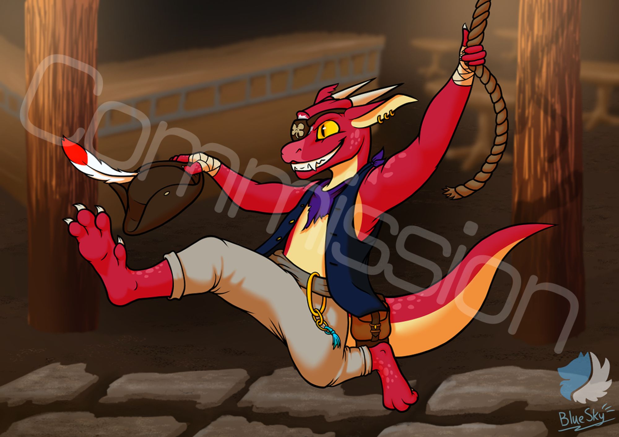 A digital drawing of a red kolbold swinging on a rope. Their clothing suggests they might be a pirate. The background seems to be a tavern.