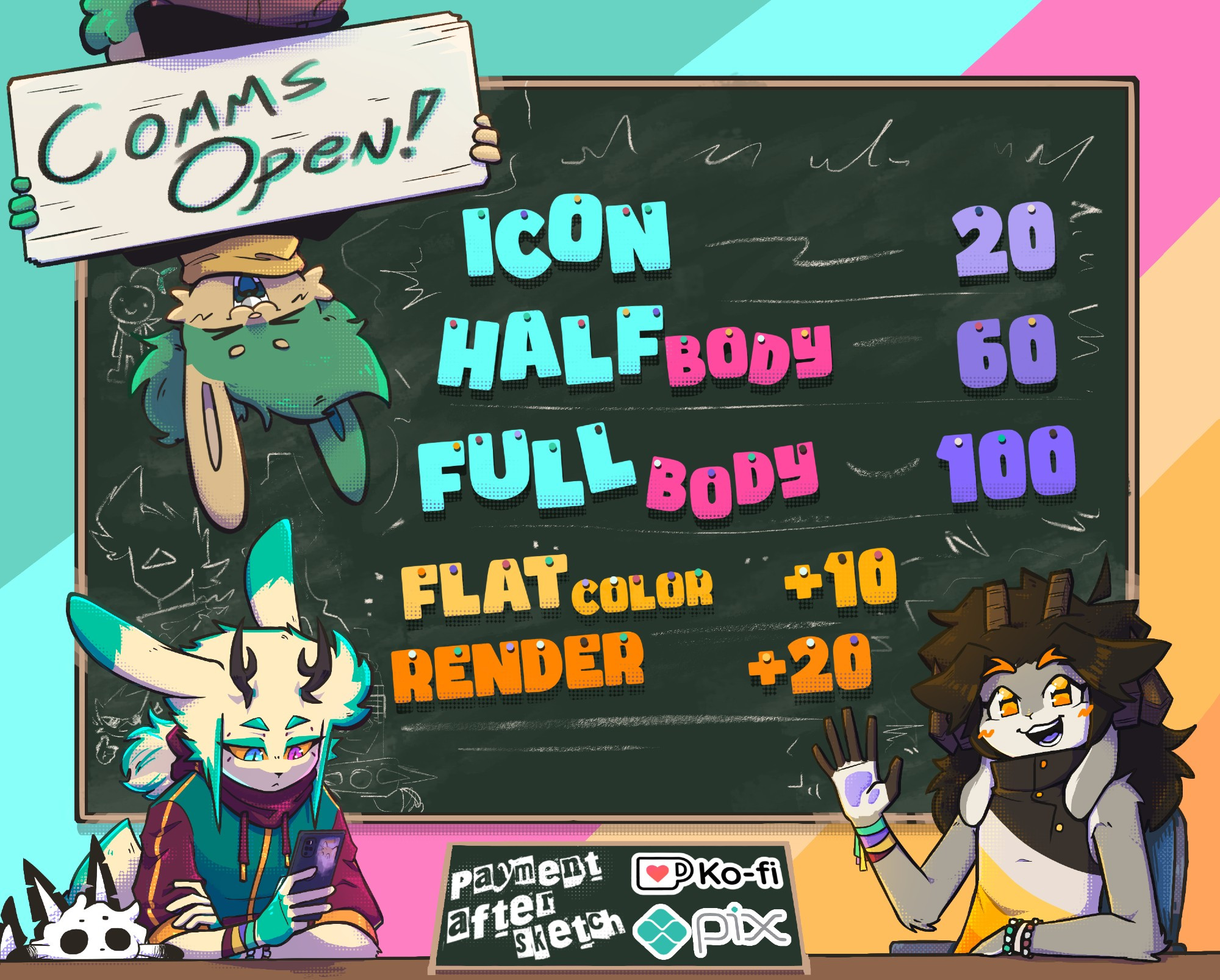 Commissions Open!

Icon 20
HalfBody 60
Full body 100

Flat color +10
Render +20

Payment after sketch!
Methods: Ko-Fi & Pix