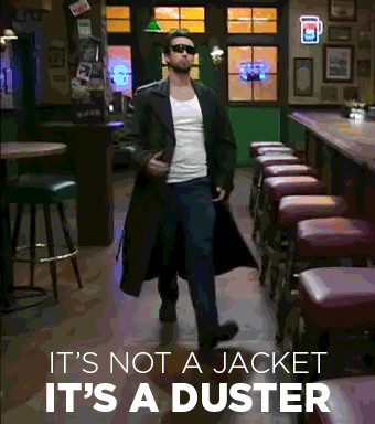 Mac from Always Sunny posing with the caption “It’s not a jacket, it’s a duster” 
