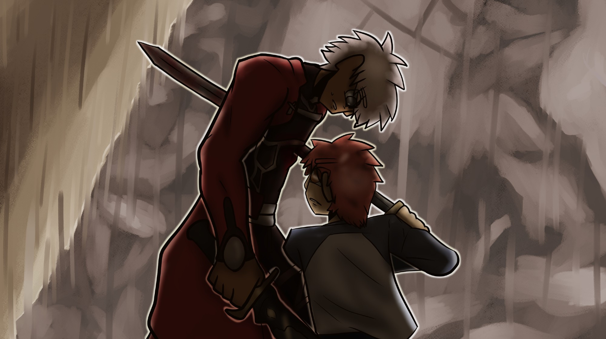 Screenshot redraw of Emiya Shirou subduing EMIYA (Archer)