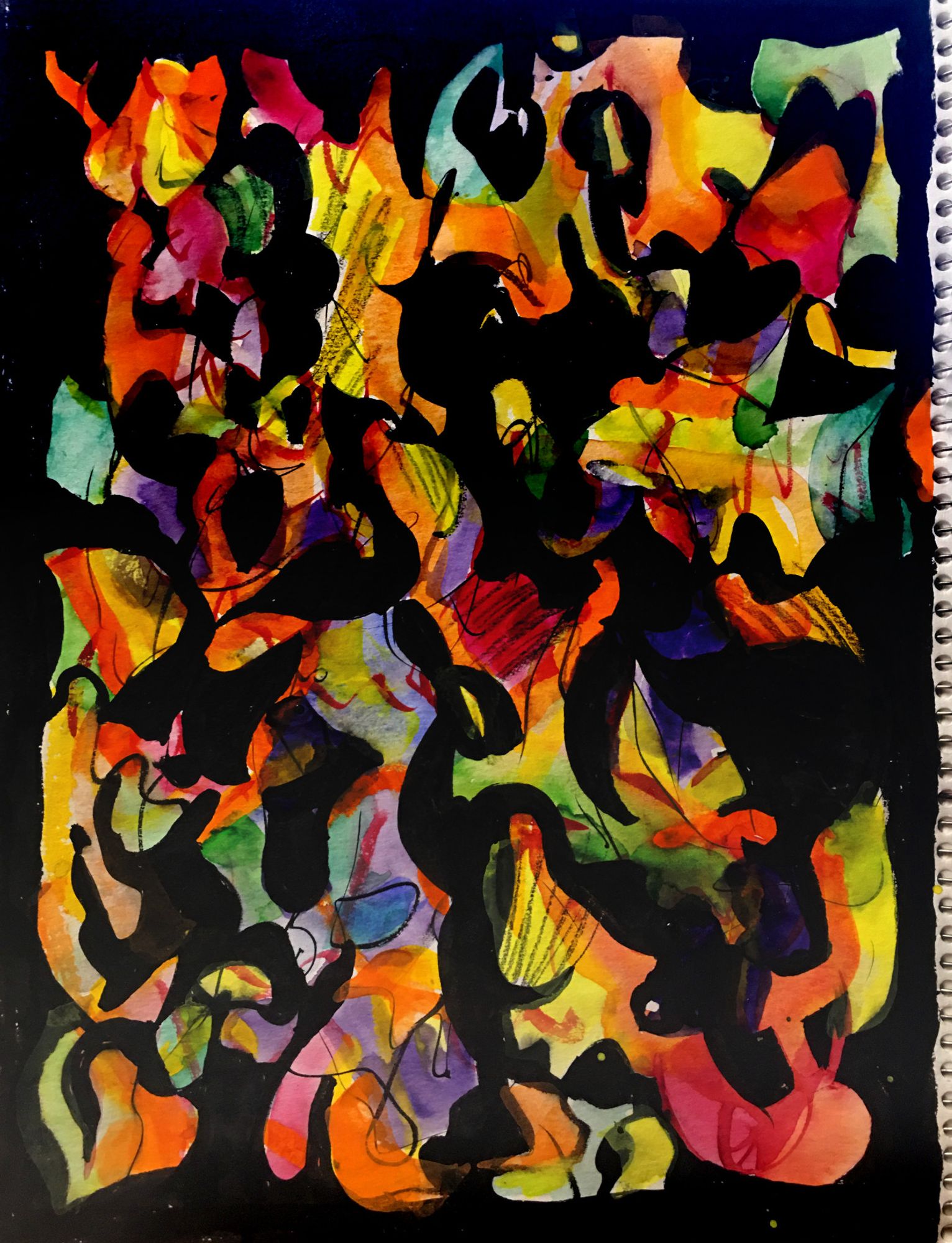 Study # 1, sketchbook abstraction, watercolor, ink (japanese brush pen), and pencil, bright colors in complex shapes against a black background in an “all over” composition.