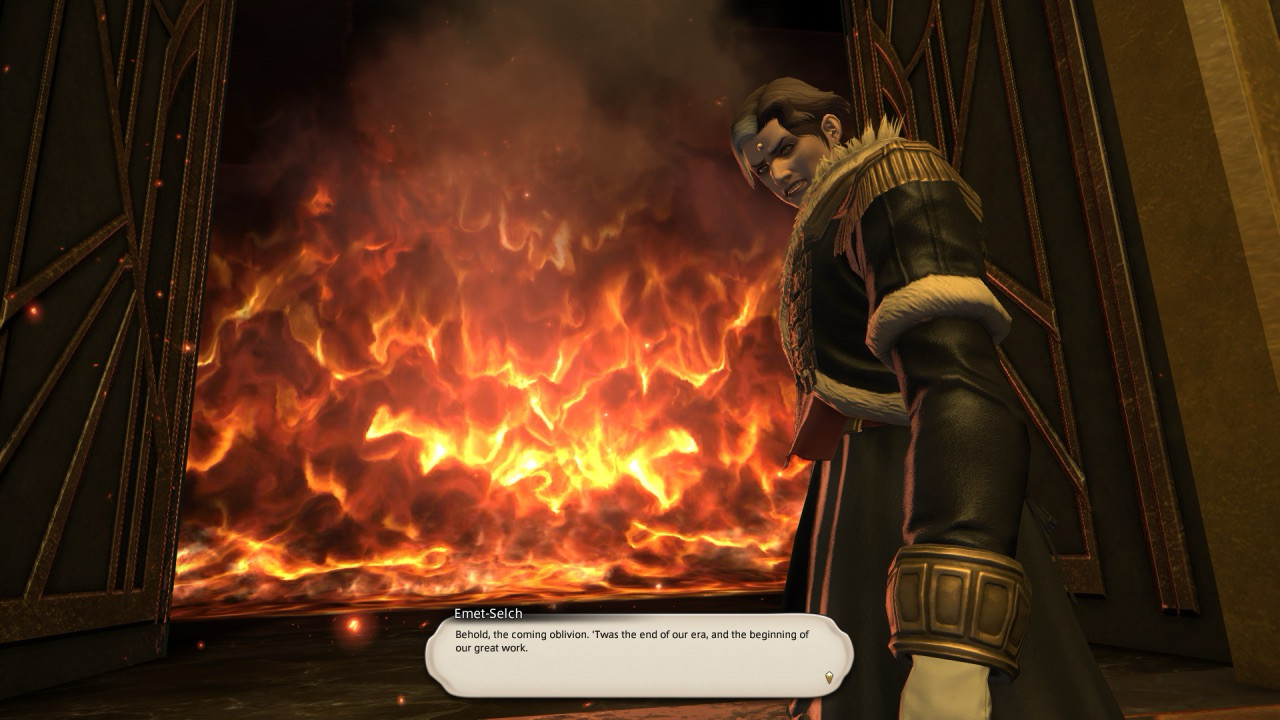 Emet-Selch from FFXIV standing in front of a door that leads to a recreation of the ruined city of Amaurot. The roaring flames of the city’s demise visible through the doorway, it is locked in a perpetual cycle of suffering and despair much like Emet-Selch himself. 

He’s shown saying “Behold, the coming oblivion. ‘Twas the end of our era, and the beginning of our great work.”