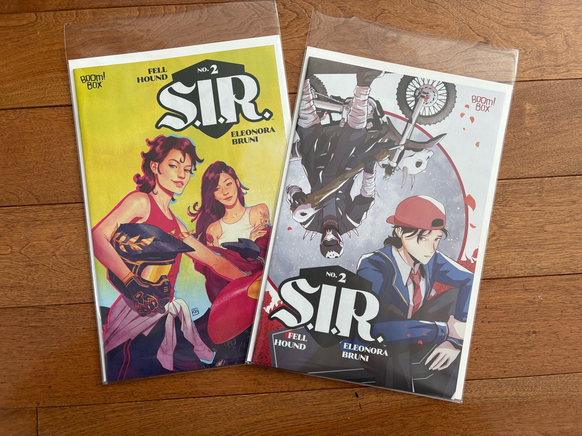 Copies of S.I.R. #2 with covers by Fell Hound and by Kevin Wada.