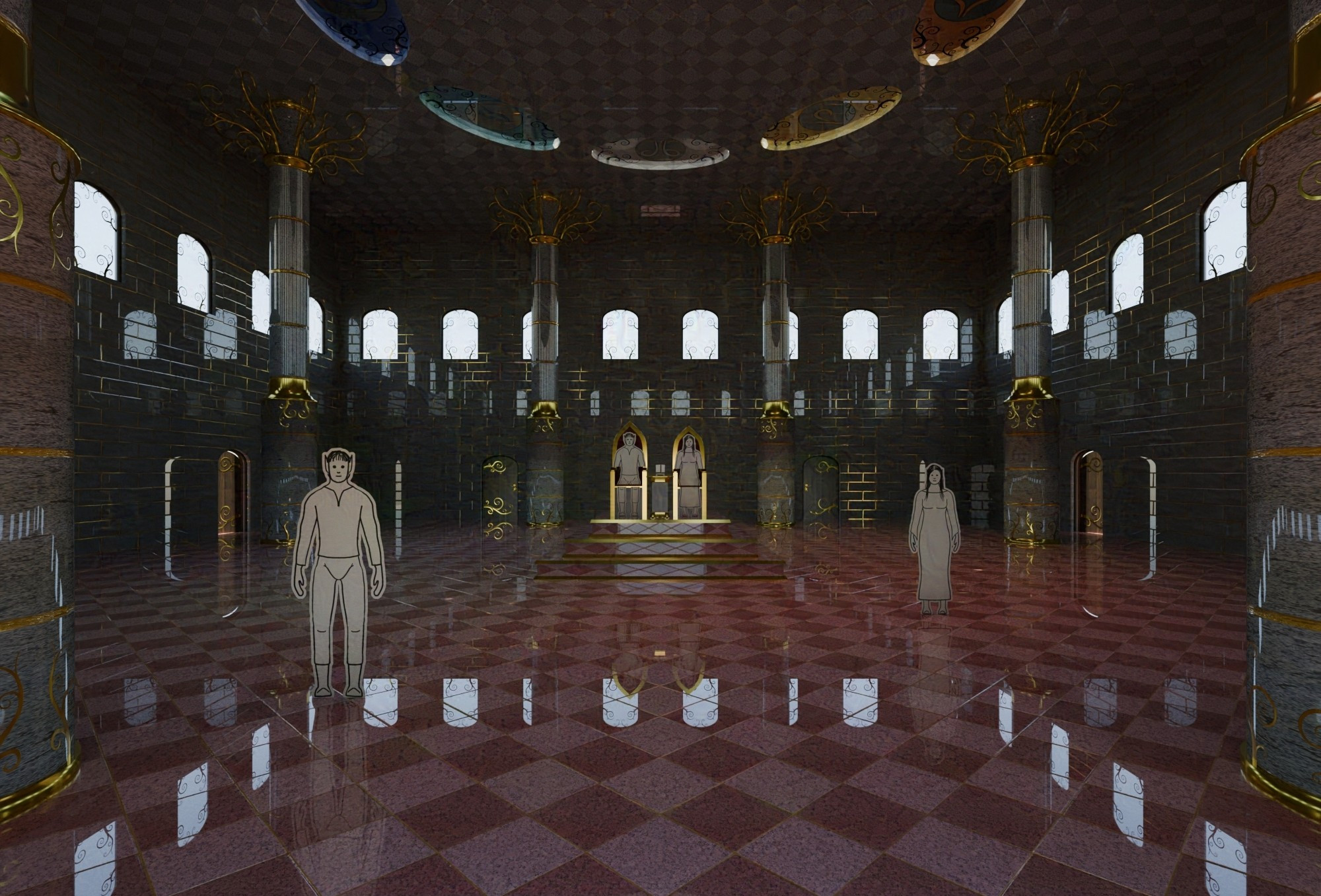 A 3D render of an Elven throne room.