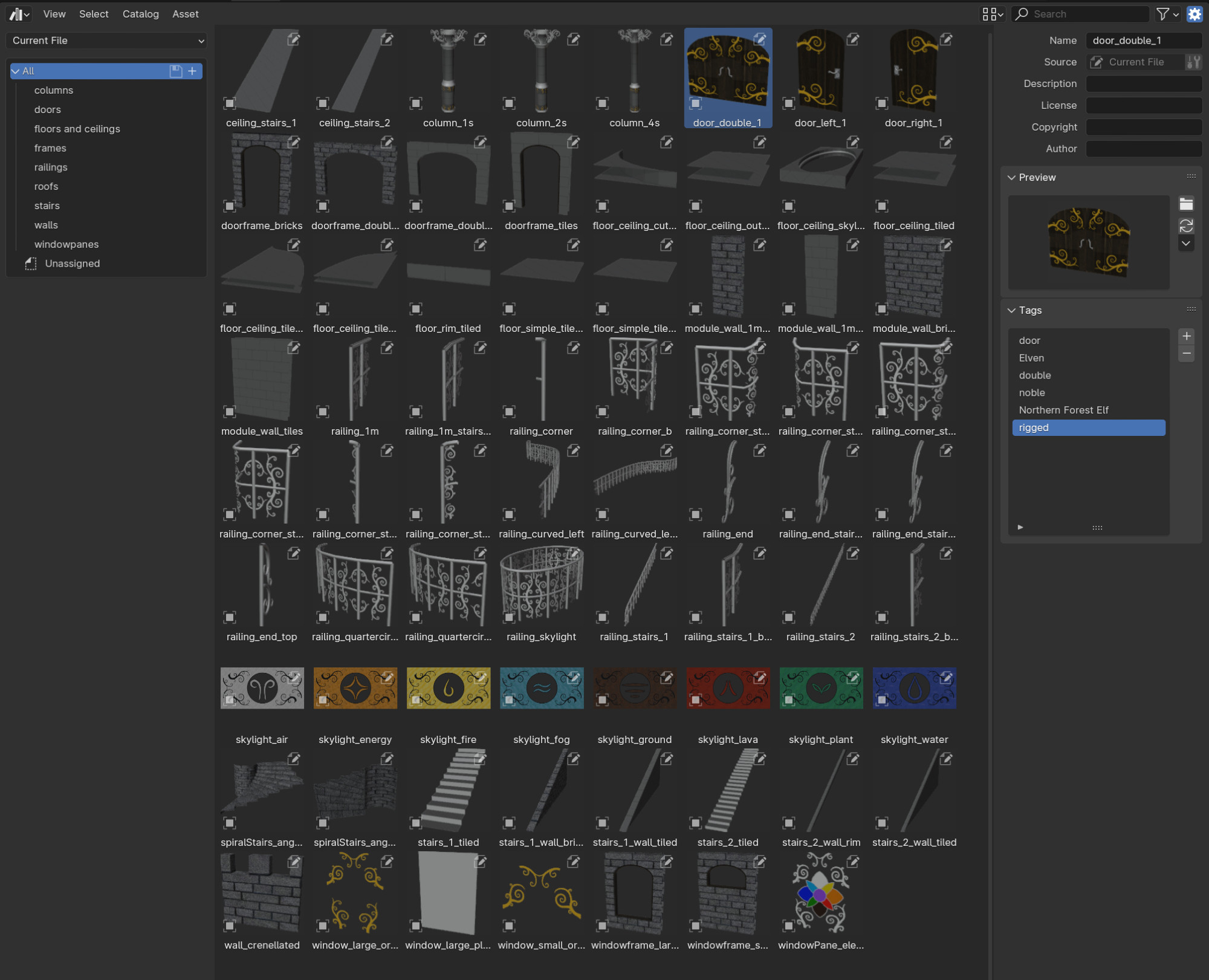 An asset catalog in Blender, showing architectural modules.