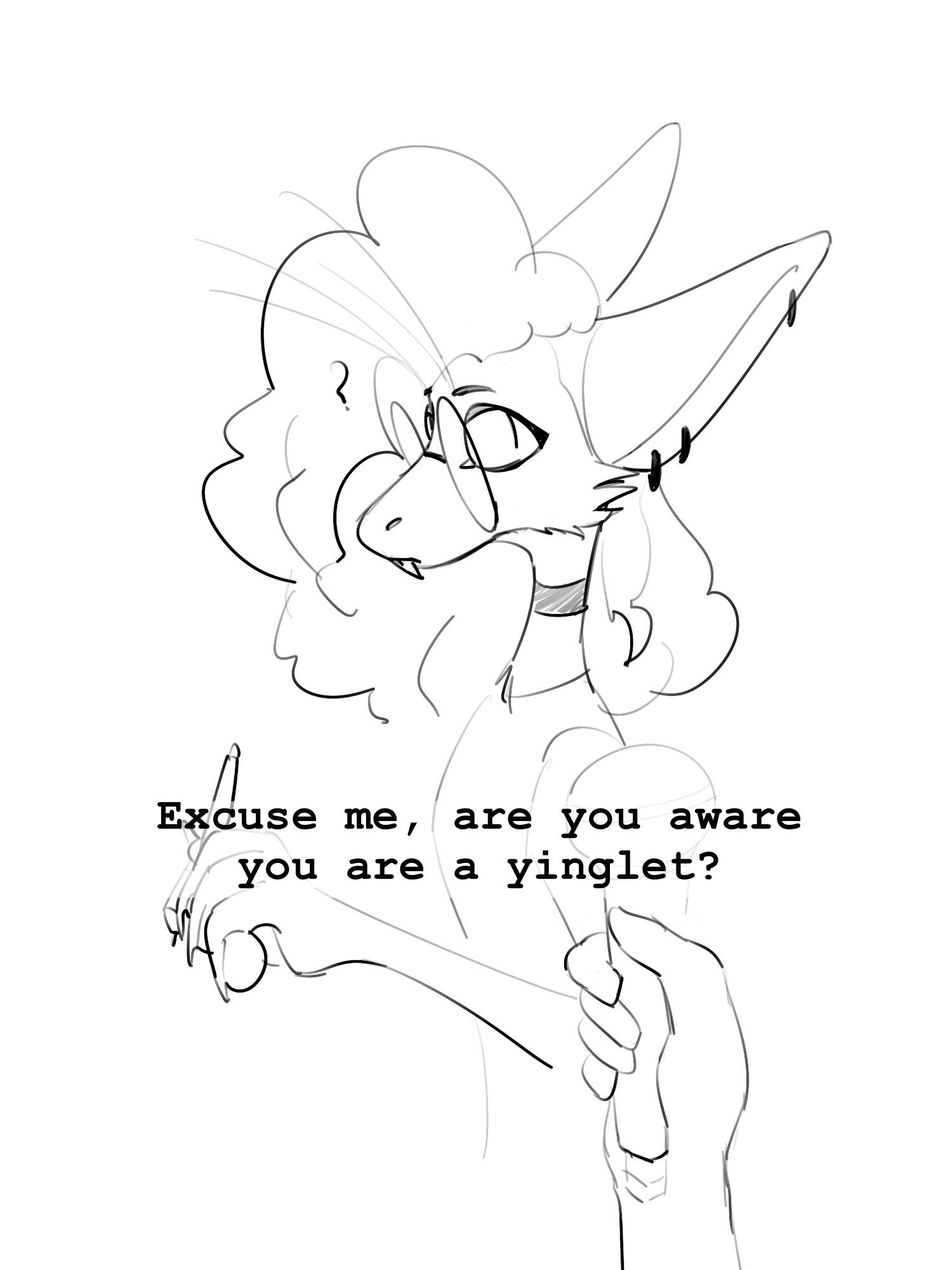 A bust shot of a yinglet seen from the side, minding her own business drawing something, while an off screen person points a microphone at her and asks her "Excuse me, are you aware you are a yinglet?"