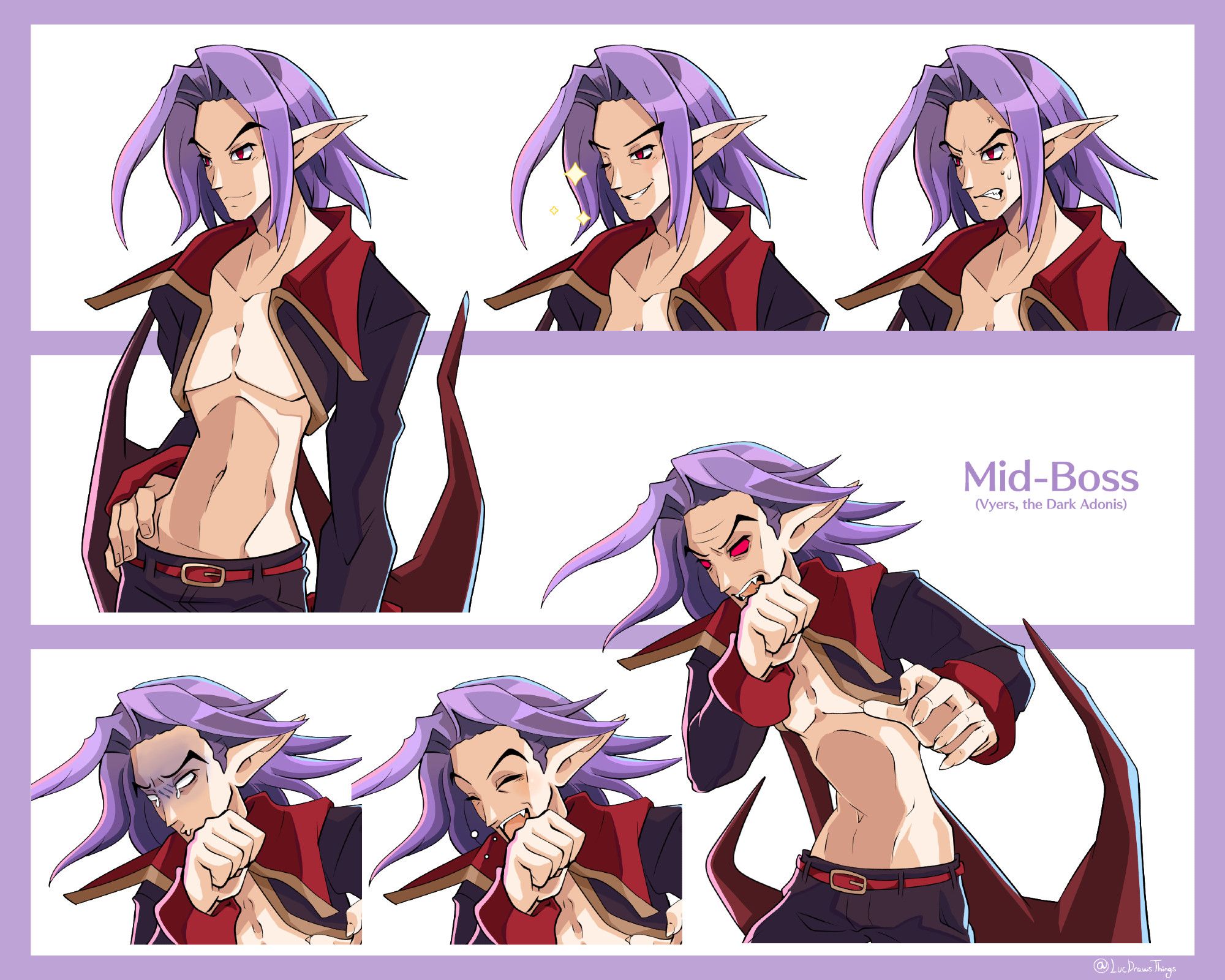 Two waist-up drawings of Vyers from Disgaea: Hour of Darkness. Each body pose has two additional expressions. Vyers is a middle-aged demon wearing an open jacket with no shirt beneath, exposing his skinny torso. He also wears low-rise jeans, and has red wings growing from his back. His hair is light purple, his skin is fair, and his eyes are red. In the first pose, he stands relaxed, a hand on his hip. His first expression is a neutral smile. The second is a saucy wink. The third is one of annoyance, with gritted teeth and sweat dripping down his face. The second body pose has him bent over, one hand curled in a fist and raised to his mouth, while he extends the claws of the other. The first expression is rage, with pure red eyes. The second is joyous laughter. The third is distress/shock, with pure white eyes and pursed lips.