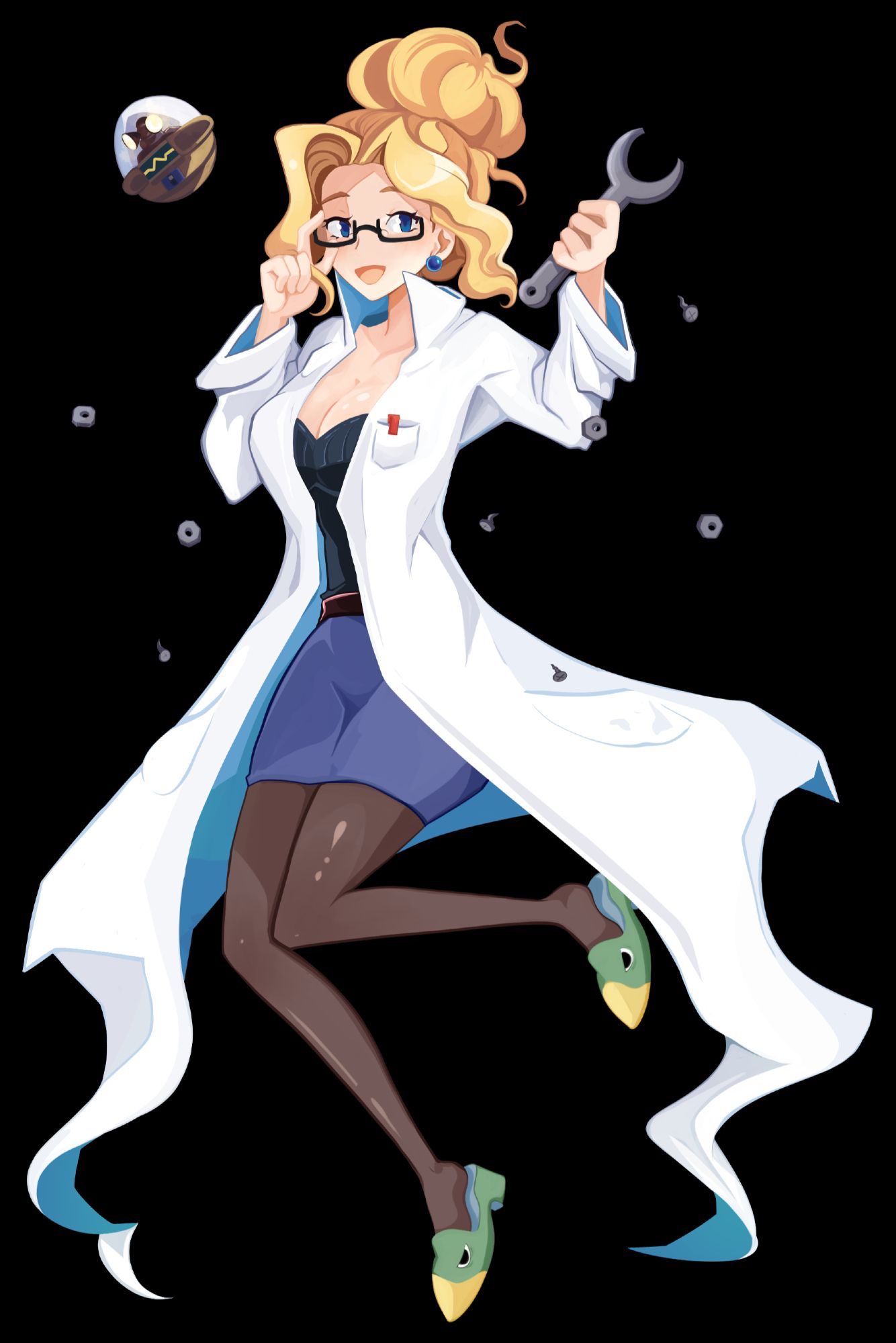 Jennifer from Disgaea. She's a blonde, blue-eyed white woman. Her long hair is tied up in a curly, messy bun that is about the size of her head. She wears a labcoat, a black, low-cut shirt, a black belt, blue pencil skirt, brown tights, and green slippers designed to look like Prinny Kurtis. She has thick, black glasses on her face, and small, blue earrings. In her left hand she holds a wrench, and her right is adjusting her glasses. Nuts and bolts fly out of her pockets, and a tiny, orb-like Thursday drone bot floats beside her.