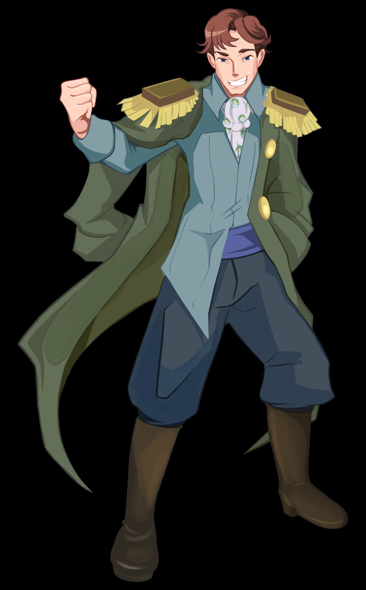 Gordon from Disgaea. He's a tall, white man with brown hair and blue eyes. He wears a fancy blue shirt with a white cravat that is decorated in green Prinny Kurtis faces, a blue sash as a belt, and then loose blue pants with brown army boots. Over the top of this he wears an army general's coat, which is green with large, yellow buttons on its left side, and brown and gold frilled epaulettes on the shoulders. He grins triumphantly, his left hand against his hip while his right is raised in a fist.