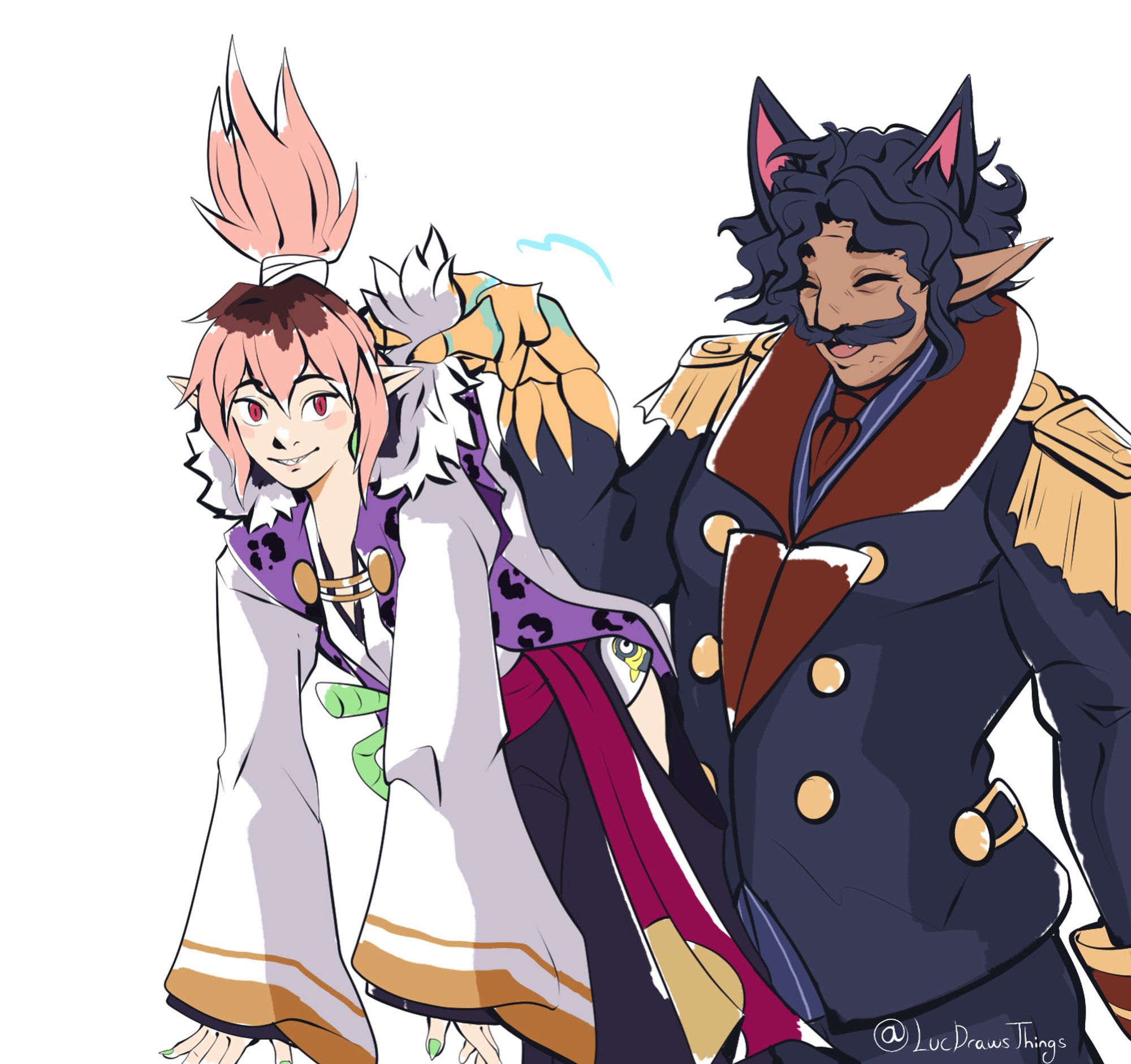 The same image again, of Yeyasu and Opener from Disgaea 7. Opener is still scruffing Yeyasu, but this time his hat is absent, his cat ears are visible, and he's smiling a jolly smile. Yeyasu also has a far more cheerful, relaxed expression.