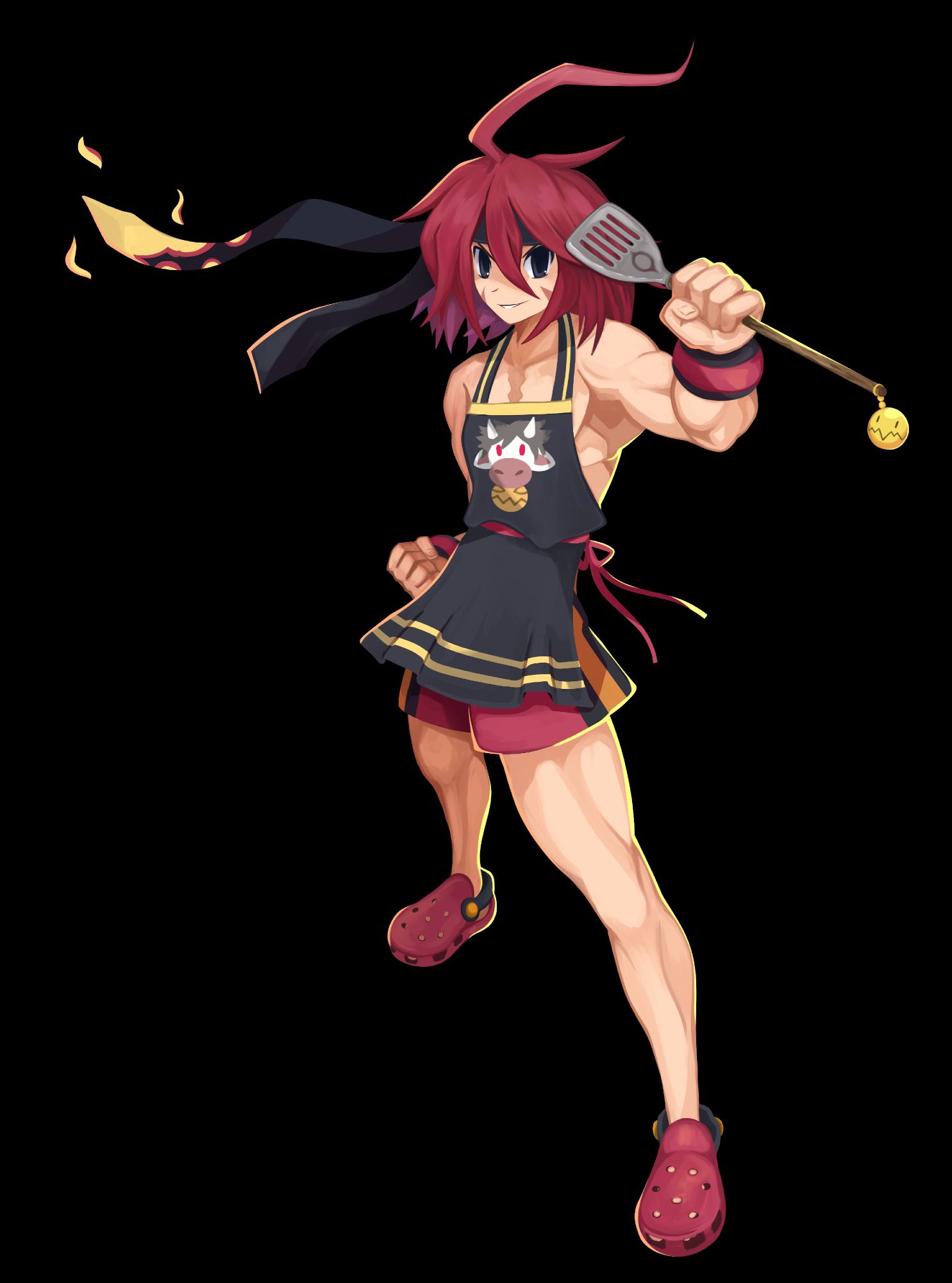 Adell from Disgaea, a young man with lightly tanned skin, a trim and muscular build, and two scars on either side of his face running from his cheeks under his eyes out to his jawline. He has messy red hair with a large ahoge leaning right, and black eyes. He's smirking proudly, wielding a spatula in his left hand as though it's a wand, and his other hand is clenched into a fist. He wears a black bandana around his forehead, the tail of which is tie-shaped and has a flame pattern. Aside from that, he wears red crocs on his feet, red and black swim trunks with yellow stripes down the side, red and black bangles, and a black, yellow-lined apron with a cow printed on it resembling his little brother Taro.