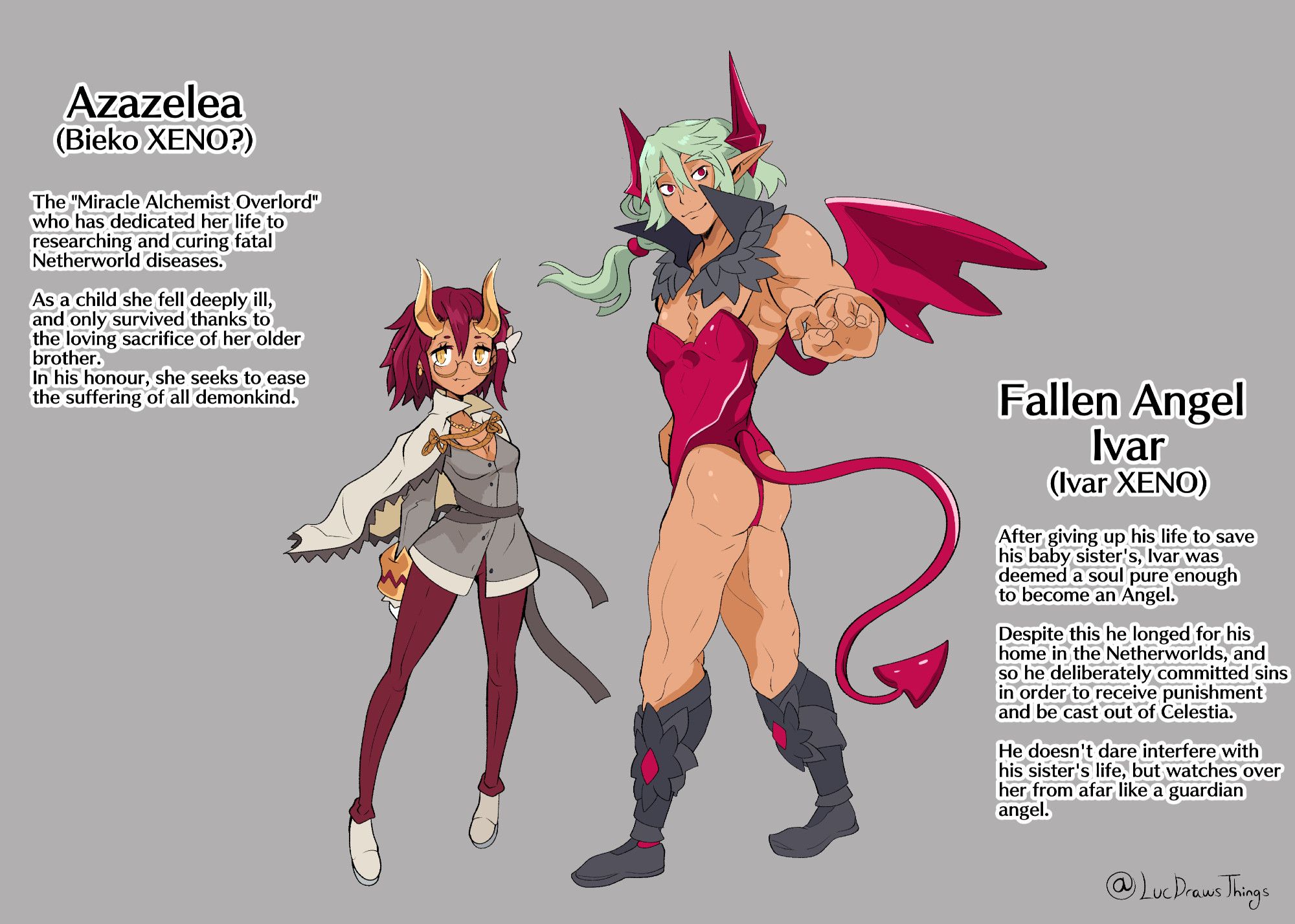 Designs for alternate versions of Bieko and Ivar from Disgaea 6. In these XENO versions, Bieko is labelled as Azazelea, and is a young demon woman with short red hair, golden eyes, golden horns, and tan skin. She dresses in a simple suit with red pants, a grey dress shirt, and cream shoes and cape. Her wrist cuffs match Ivar's golden ones. There's a single cream ribbon resembling a butterfly in her hair. Ivar wears a red leotard, has a long, red arrow-spade tail and fleshy red wings, and his usual golden horns area replaced by red star-shaped ones. His green hair is in a low ponytail, his legs are armoured up to the shins with black and red armour, and he wears a small black-feathered mantle around his shoulders.