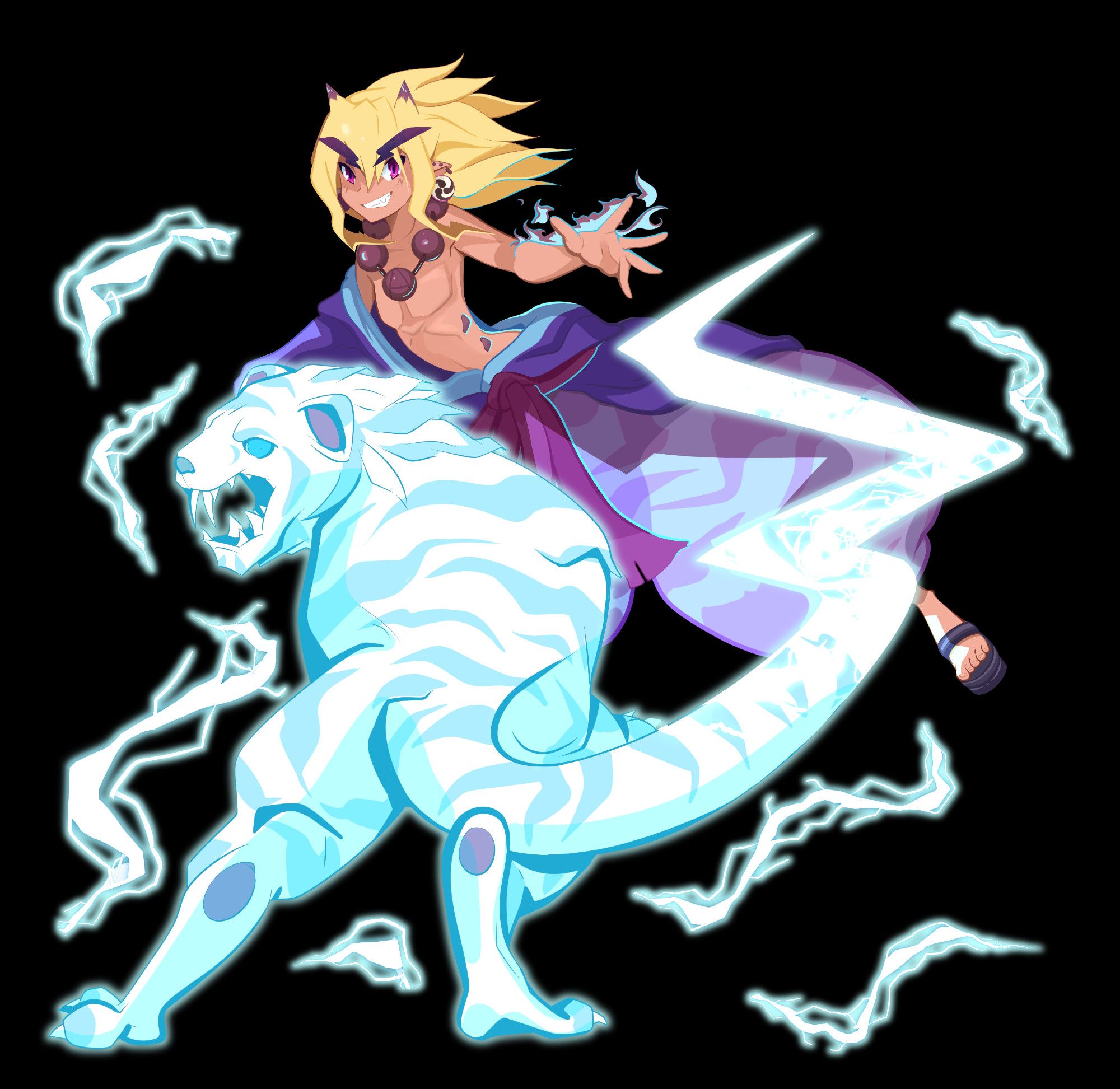 Axel from Disgaea 2. He is depicted based on the kami Raitaro. He wears a purple and blue kimono, one sleeve off and crumpled at his waist, the other loosely slung on his right shoulder. It's sloppily secured by a purple obi, and lays over the top of poofy, tiger-striped purple pants. He wears platform sandals, too. Around his neck are prayer beads, with the centremost one that sits over his chest having an A carved into it. He wears hanging earrings designed after the drums of Raijin, as well as three smaller piercings up the length of the rest of his ear. He has small, purple-tipped horns growing from his hair, purple scale-like growths on his side, and purple and blue electricity emanating from the back of his arm. His left arm is raised to wield lighting as he grins, while his right is unseen, gripping the foor of a white and blue tiger made of electricity. The tiger's tail becomes a lightning bolt at the tip, and extends double the length of a normal tiger tail. Its eyes are blue.