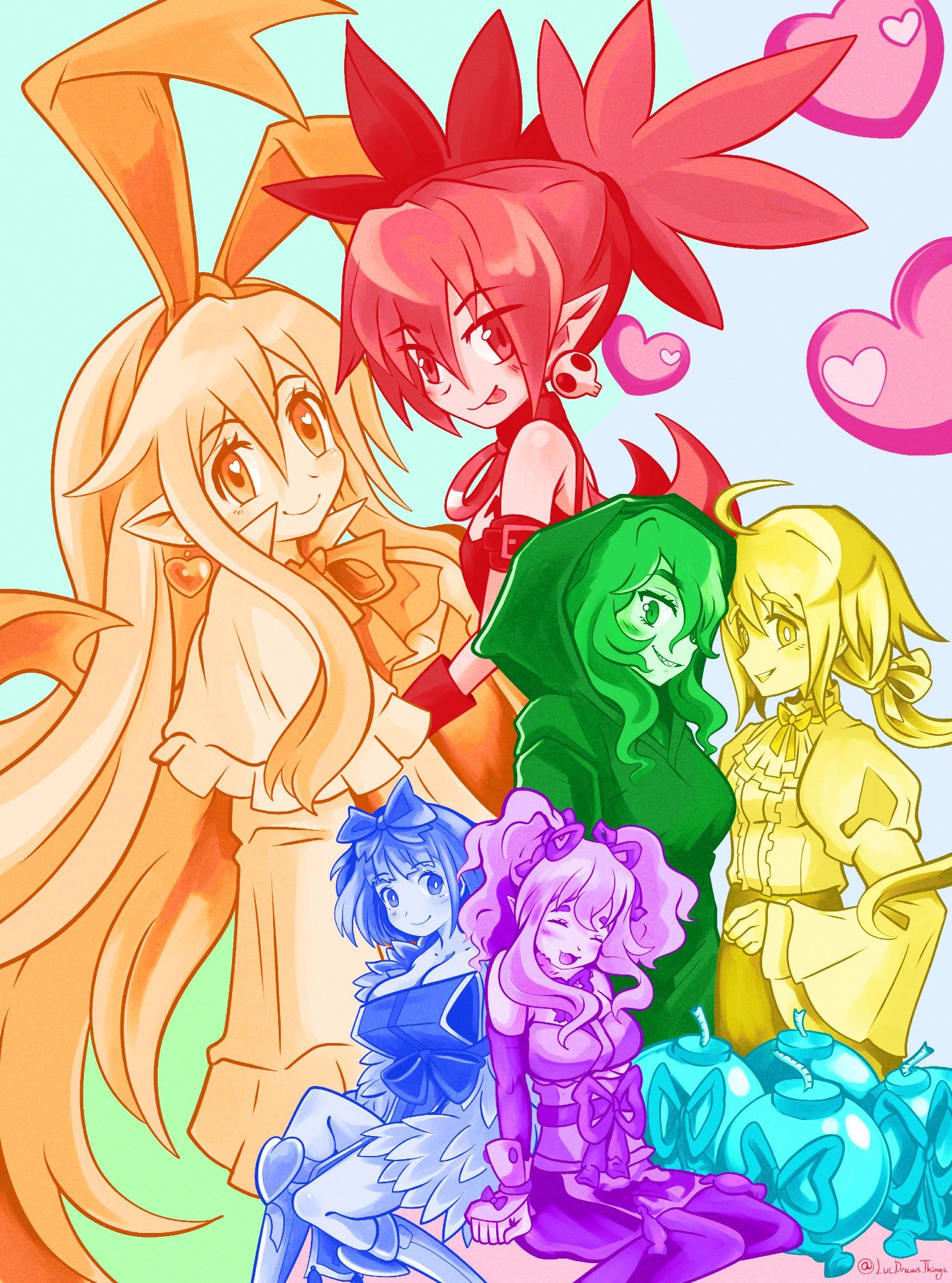 Six Nippon Ichi Software girls, in the colours of the general gay pride flag. At the top, furthest in the background, are Flonne and Etna from Disgaea 1, in orange and red respectively. To Etna's right are pink hearts. In the middle to the right are Nachiroux and Eureka from Labyrinth of Galleria, in green and yellow respectively. In the bottom centre and in the foreground are Nitra and Ceefore from Disgaea 7, in blue and purple respectively. Beside Ceefore to her right are four turquoise bombs with ribbons on.