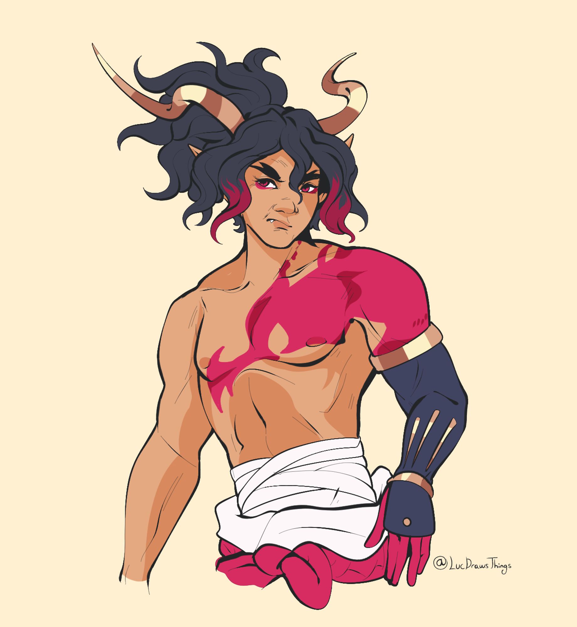 A simple doodle of Fuji from Disgaea 7. He's a man in his early 20s with broad shoulders, tan skin, and a muscular physique. He has dark hair tied in a curly ponytail. Long, gold-brown horns grow from his head, and across his bare chest a red mark that extends over the entirety of his left shoulder and pectoral. His left arm is covered by a long, black and gold glove. He wears sloppily-wrapped sarashi around his waist, and a red sash ties his white kimono. His eyes are red, and he's making an annoyed expression.