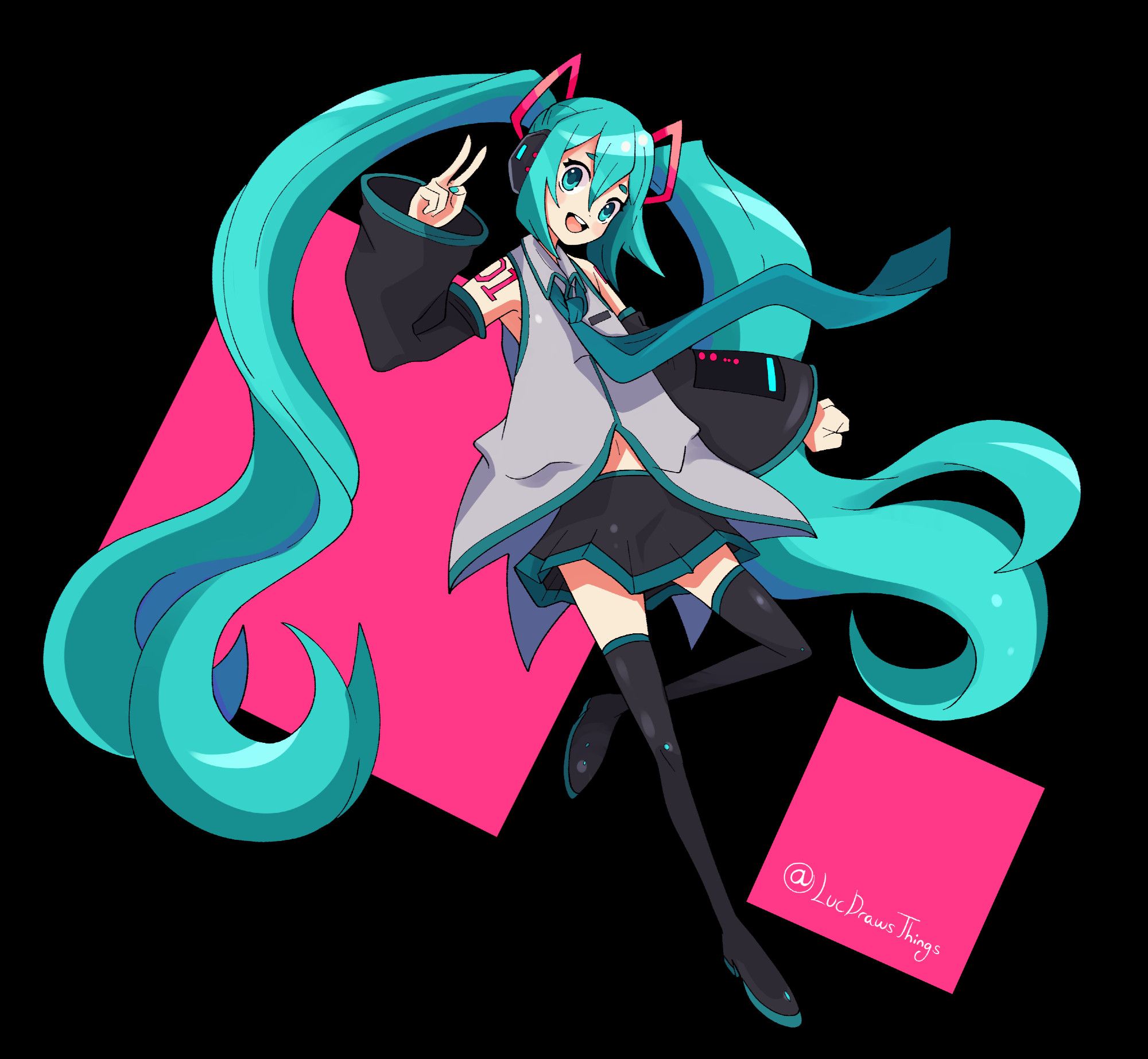 Hatsune Miku, dawn in the Disgaea style. She has long, curled twintails that are bright teal, pale skin, and blue eyes. She wears a baggy grey sleeveless shirt, a black, teal-trimmed miniskirt, and thigh-high black boots. She's smiling, making a v-sign with her right hand and balling a fist with her left. The background is plain aside from two pink squares.