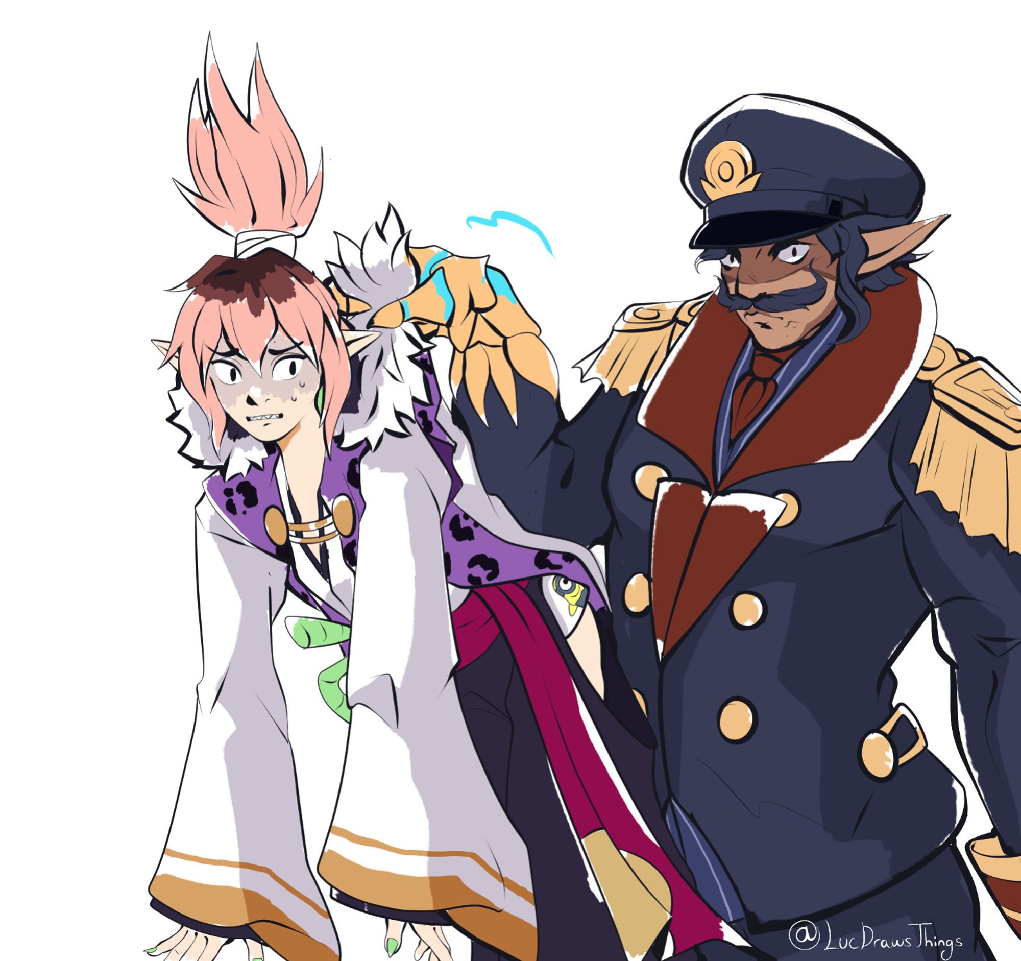 Yeyasu and Opener from Disgaea 7. Yeyasu is being held up by the hood of his haori, looking nervously toward Opener, who has an extremely stern expression and is looking toward the viewer. Opener's hat casts an intimidating shadow over his eyes.