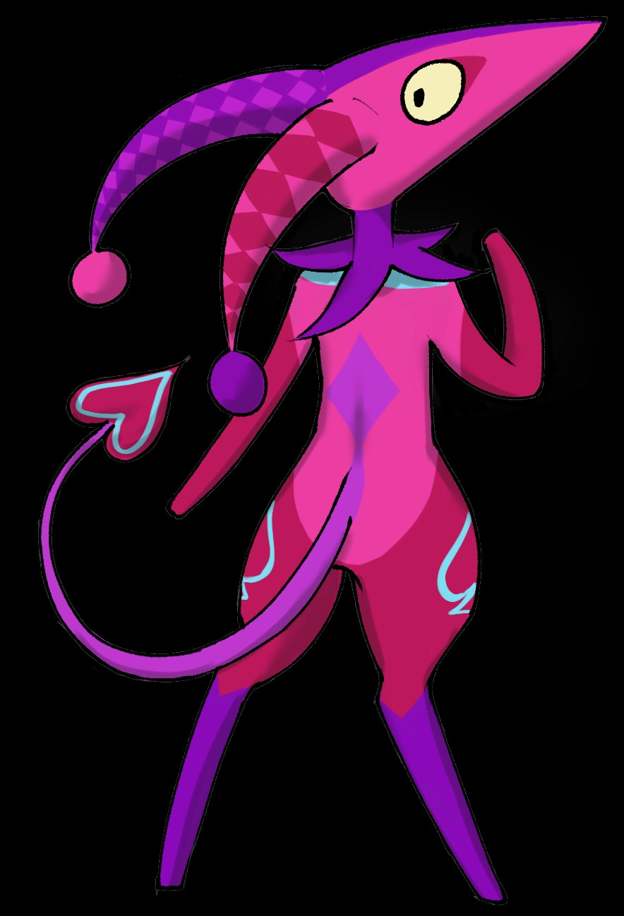 A pink imp with a pointy nose and jester hat like ears, the Bettelion. This one is showing off it's back and it's tail and hip mark is the spade.