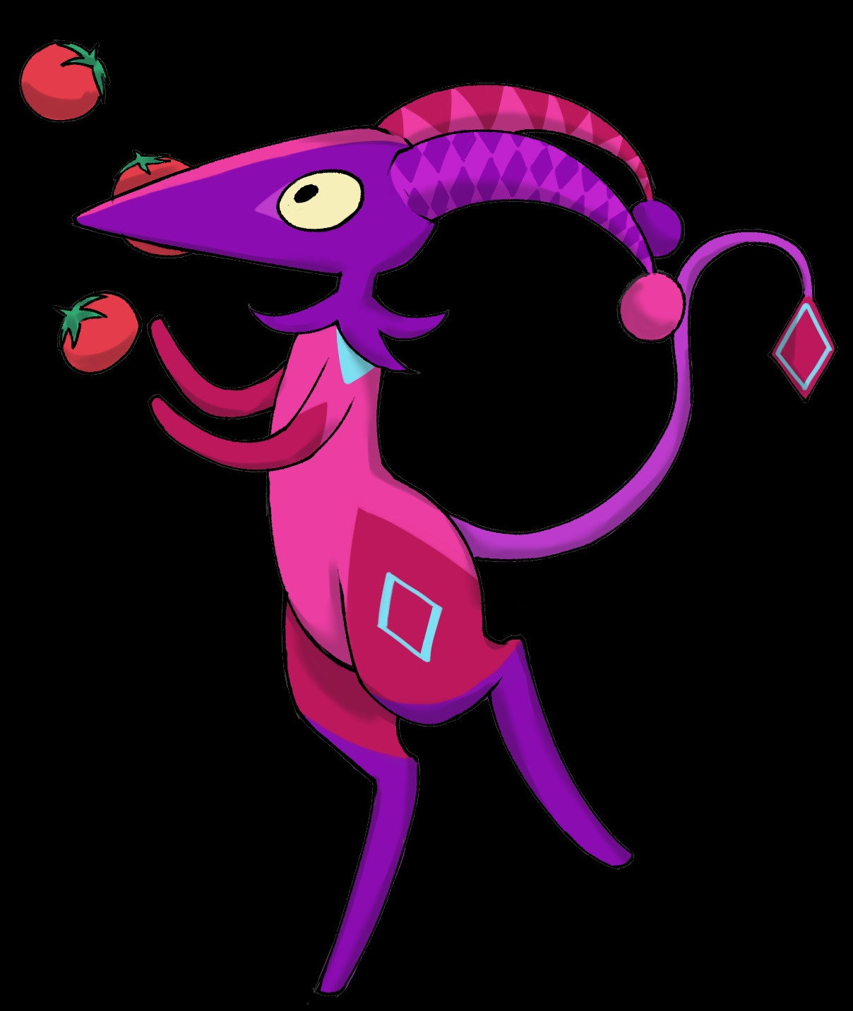 A pink imp with a pointy nose and jester hat like ears, the Bettelion. This one is juggling three tomatoes and it's tail and hip mark is the diamond.