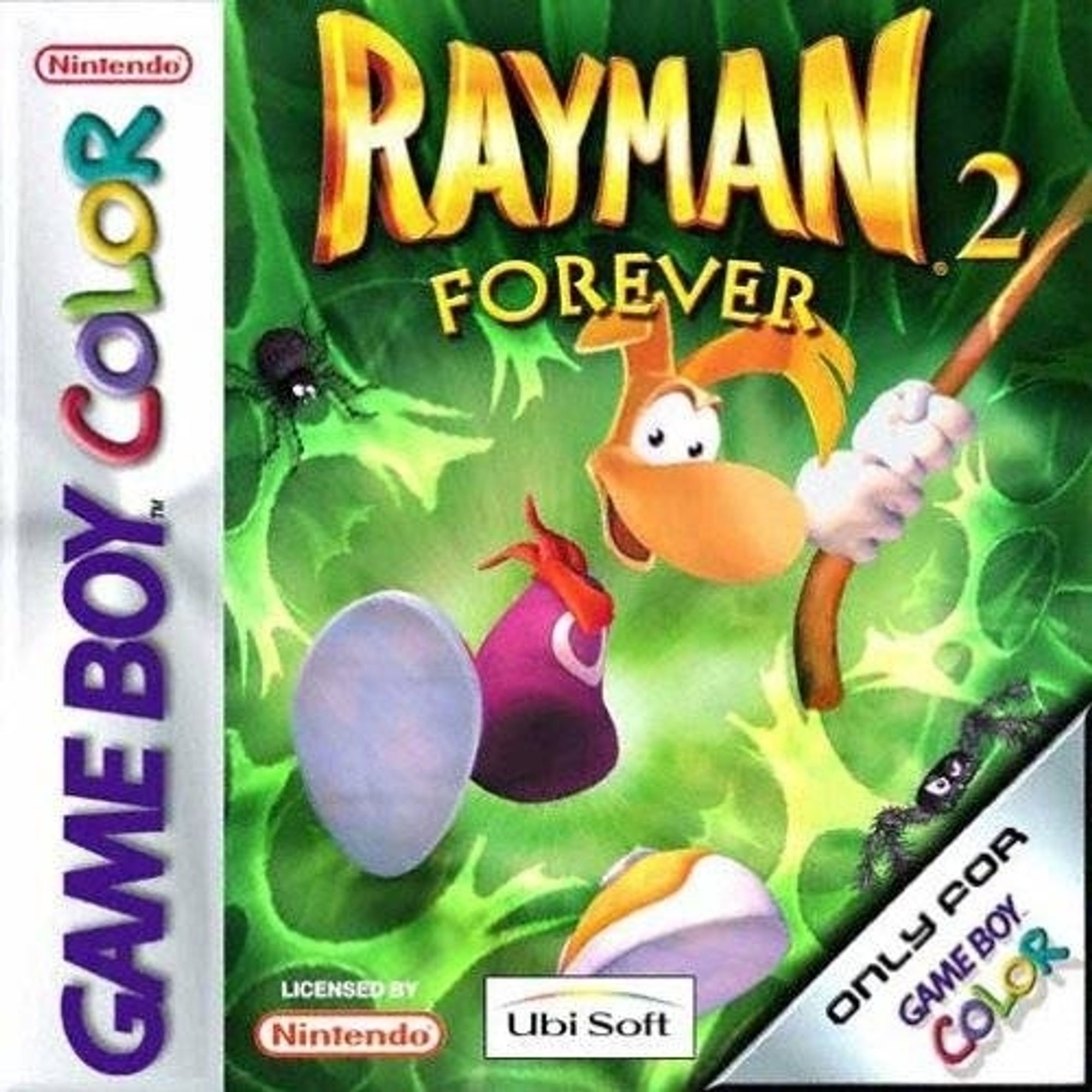 The PAL version of Rayman 2 GBC shows Rayman swinging with a green background, though this one has "Forever" tacked onto it and Rayman is holding a brown rope instead of a green vine