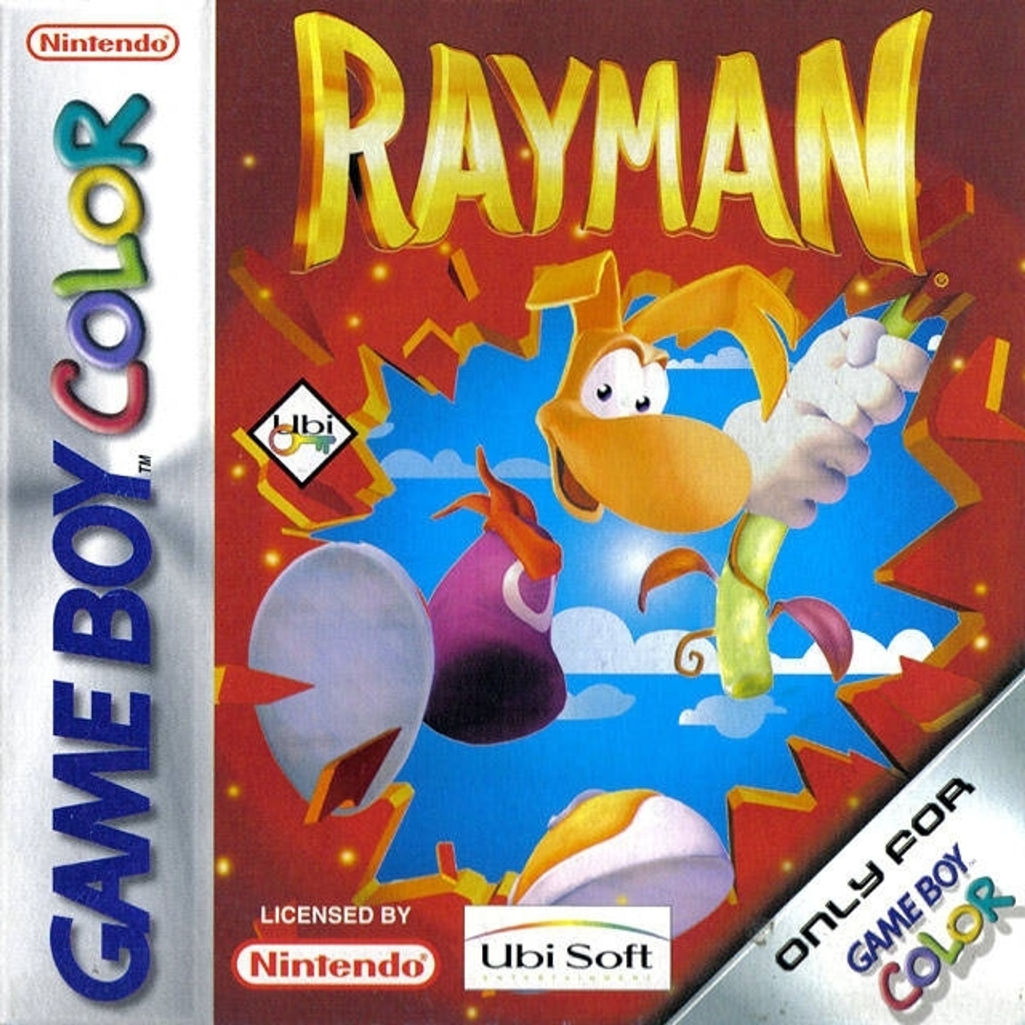 The PAL version of Rayman 1 GBC shows Rayman swinging with a red  background